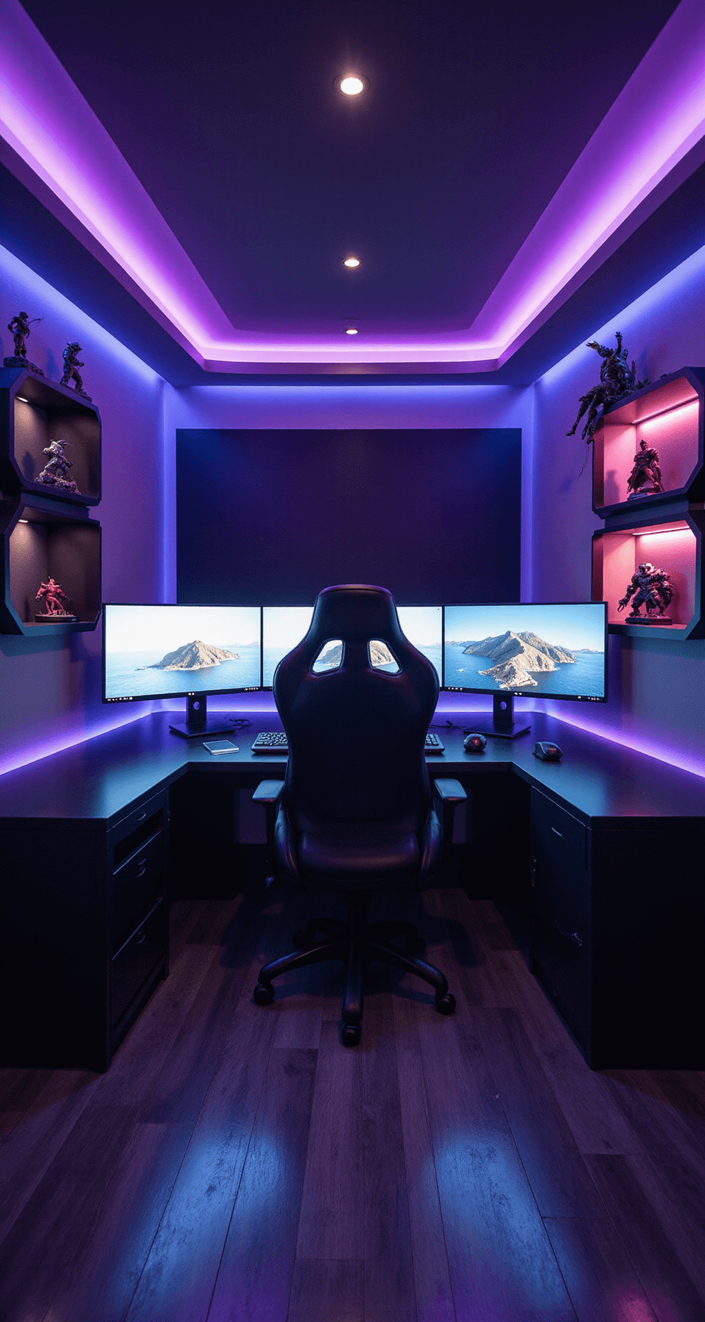A modern gaming room featuring a curved ultrawide monitor setup on a floating black desk, illuminated by RGB LED strips and ambient purple-blue lighting, with backlit hexagonal wall panels and collector's figurines on floating shelves, creating a futuristic mood.