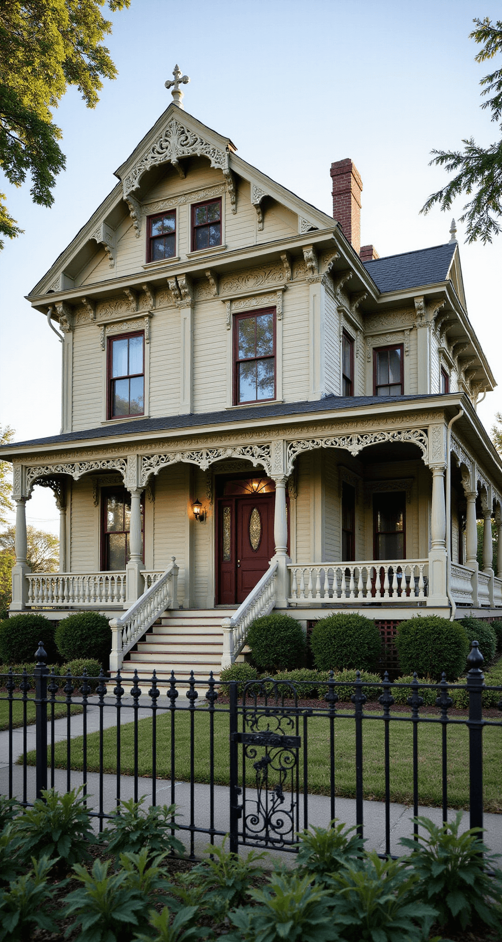 Three-story Victorian mansion with intricate gingerbread trim in sage green, cream, and burgundy. Features a wraparound porch with ornate spindles and corbels, captured in afternoon light from a ground-level corner angle. The scene includes a period-appropriate garden and a cast iron fence.
