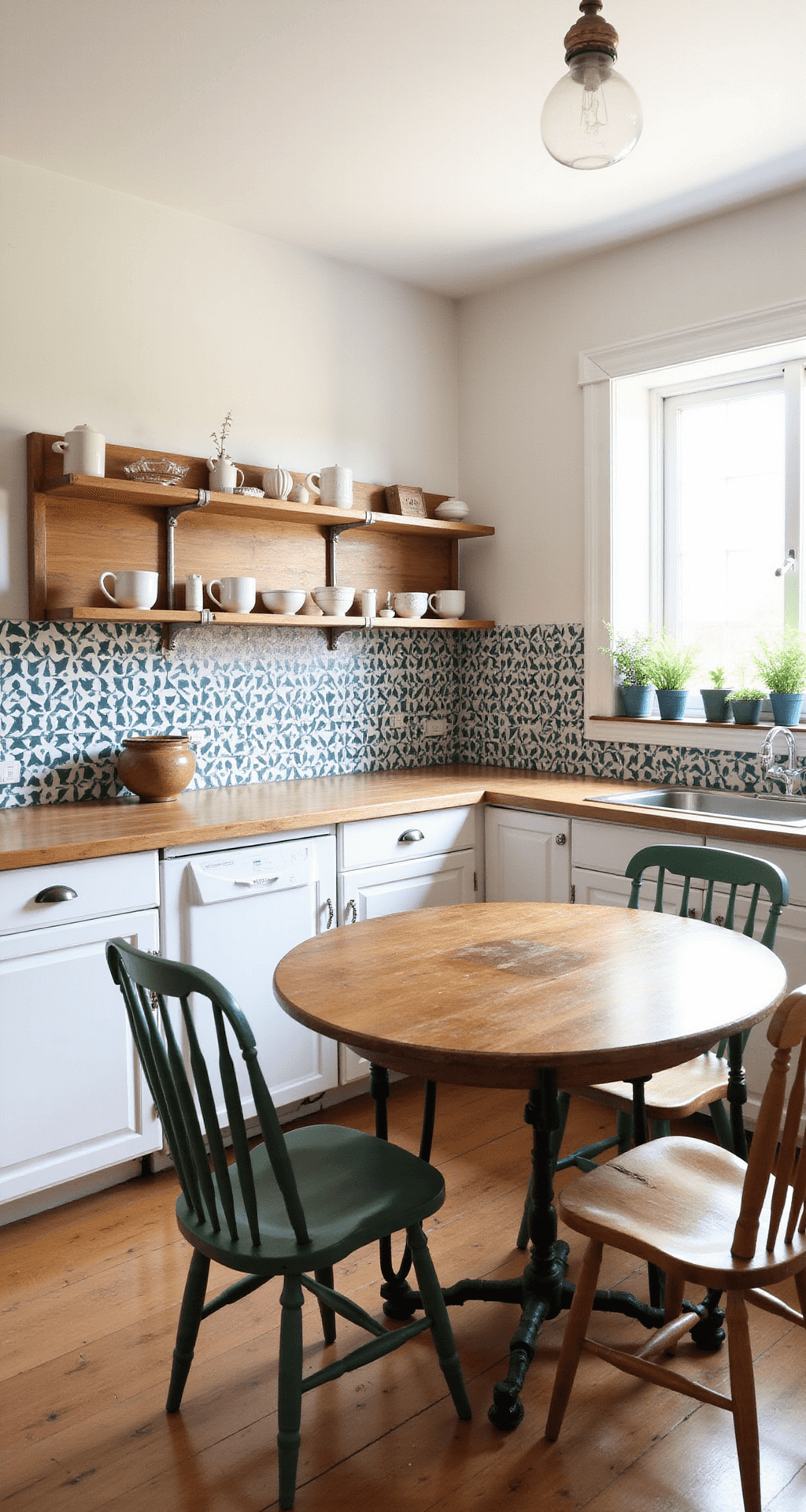 Spice Up Your Bloxburg Kitchen: Mouthwatering Design Ideas That'll Make You Wanna Cook (Even If It's Just Virtual Food) A bright, budget-friendly kitchen featuring white cabinets with colorful knobs, a DIY open shelving unit, a bold geometric backsplash, mismatched vintage chairs around a wooden table, and potted herbs on the windowsill.