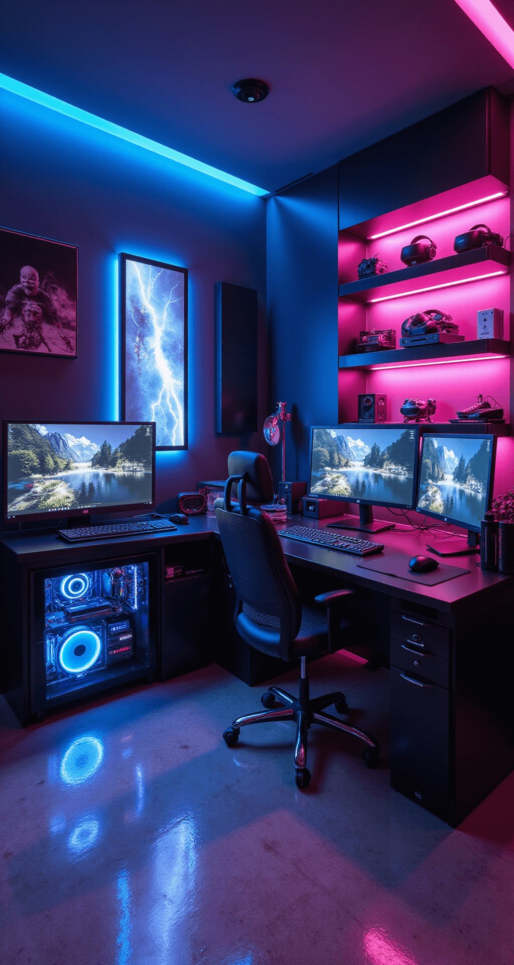High-tech gaming room with RGB lighting, featuring an L-shaped desk with a six-monitor setup, transparent PC cases, and floating shelves of gaming gear, all on a polished concrete floor.
