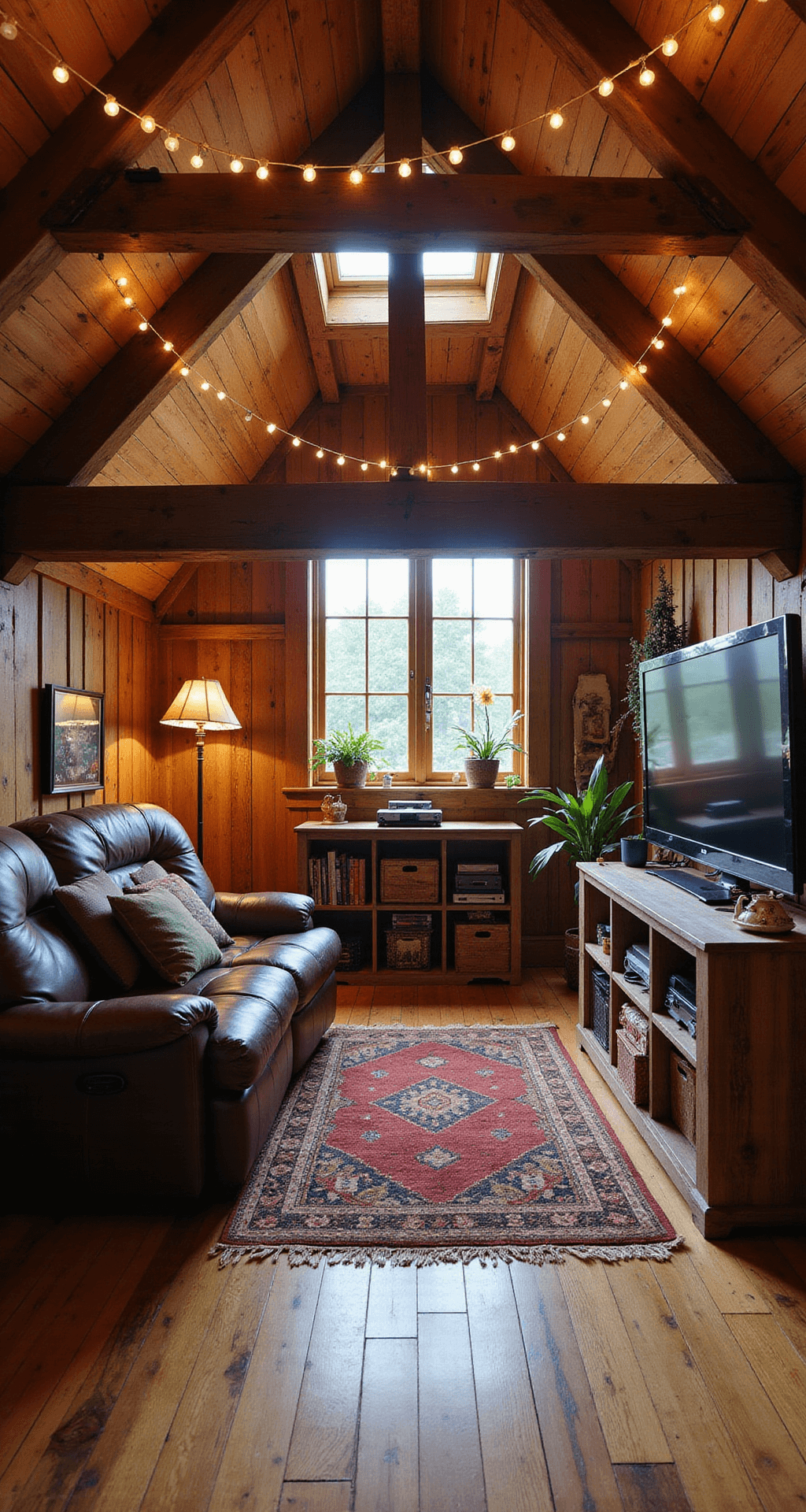 Cozy rustic gaming retreat in a converted attic, featuring exposed wooden beams, plush leather armchair, 4K TV on a reclaimed wood entertainment center, hand-woven rugs, vintage milk crates for board games, and a warm color palette with natural light from a skylight.