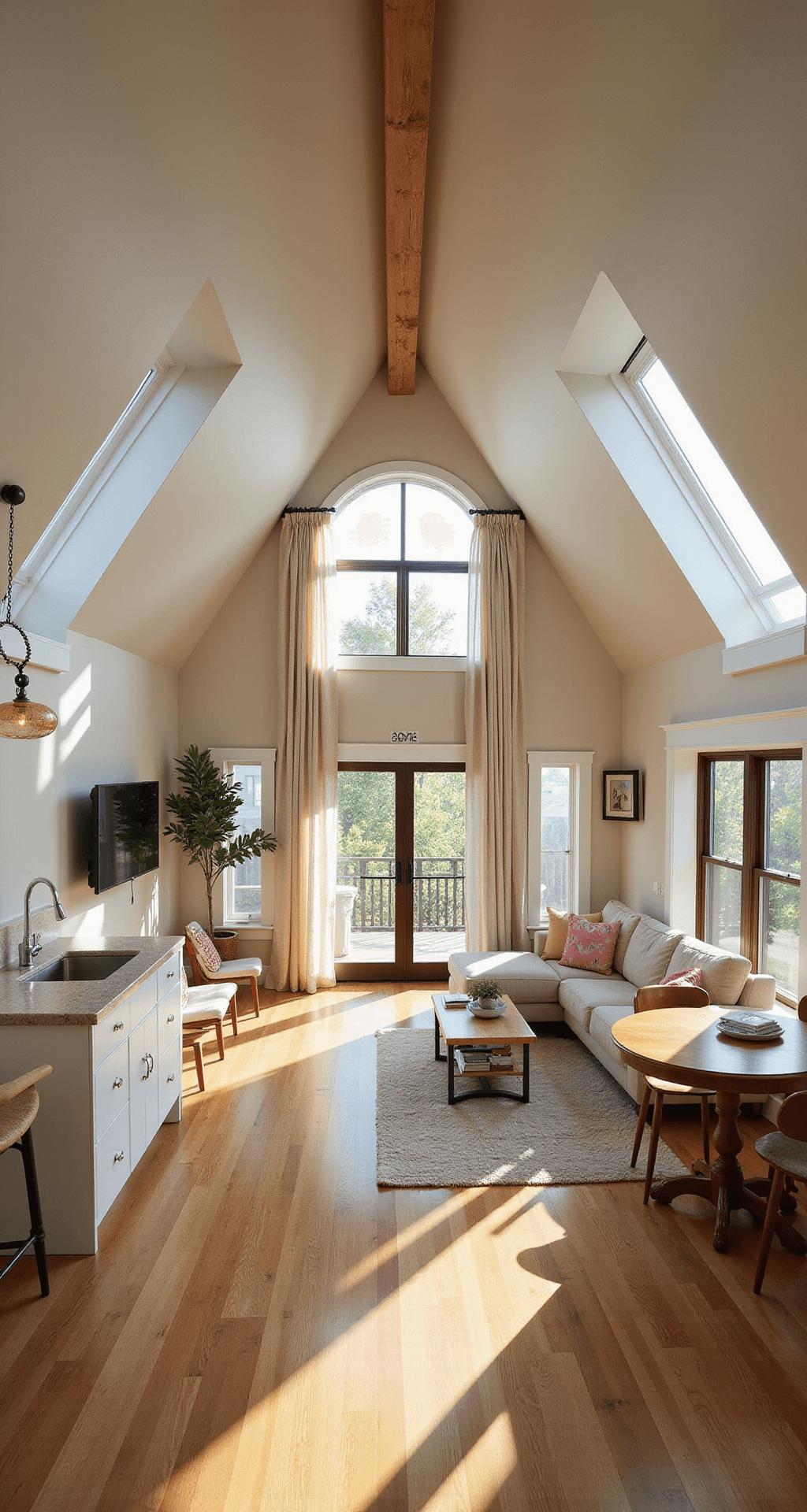 Cozy interior of a starter home showcasing an open-plan living space with vaulted ceilings, featuring a compact kitchenette, plush beige sofa, and round dining table, bathed in warm afternoon sunlight.
