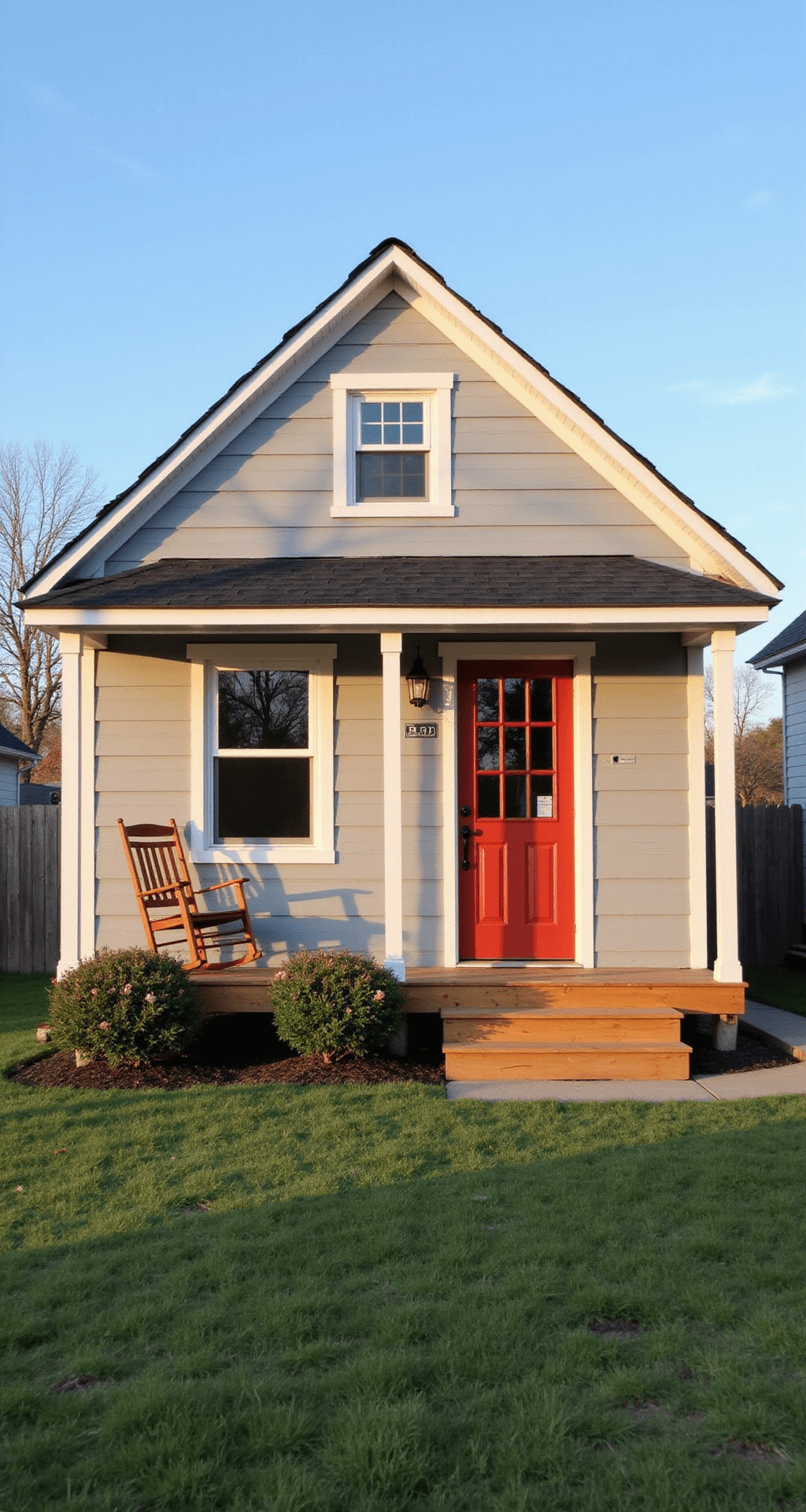 Exterior low-angle view of a charming 3x3 box house in Bloxburg, showcasing light grey siding, a steep gable roof with black shingles, a red front door, and a small porch with a rocking chair, surrounded by a neat lawn and flowering shrubs, illuminated by early morning light.