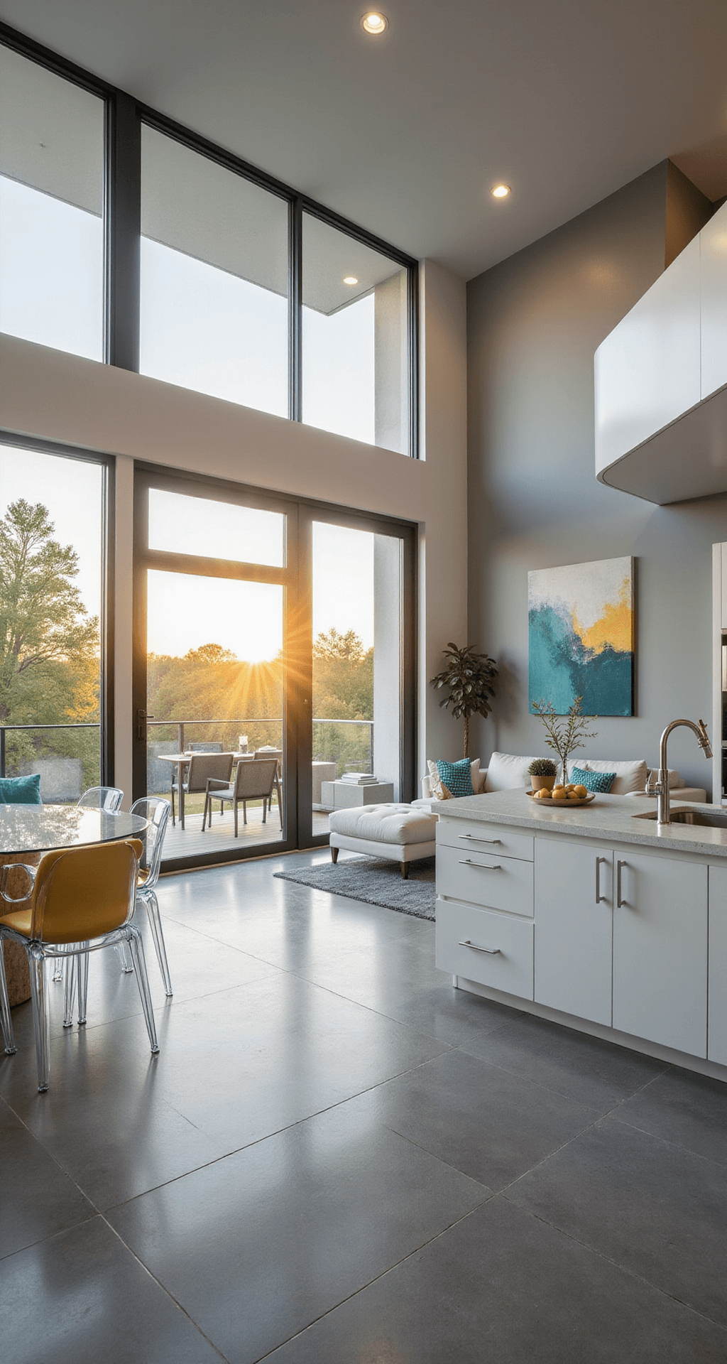 Wide-angle view of a modern open-concept living area in a Bloxburg home, featuring floor-to-ceiling windows, a white leather sectional, glossy kitchen cabinets, and a six-seat dining table with acrylic chairs, illuminated by golden hour light.