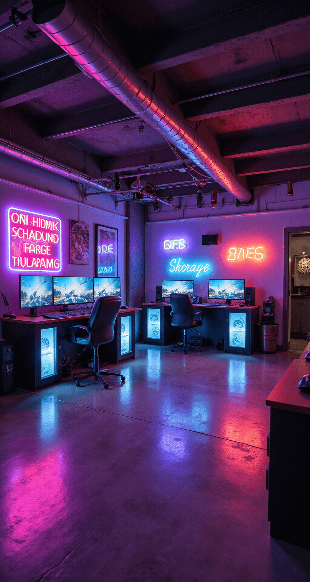 A vibrant gaming paradise in a converted garage, featuring polished concrete floors, exposed beams, neon signs, four gaming stations with high-end PCs, a large projection screen, custom cabinets with frosted glass, and a small kitchenette, all illuminated with dynamic neon lighting.