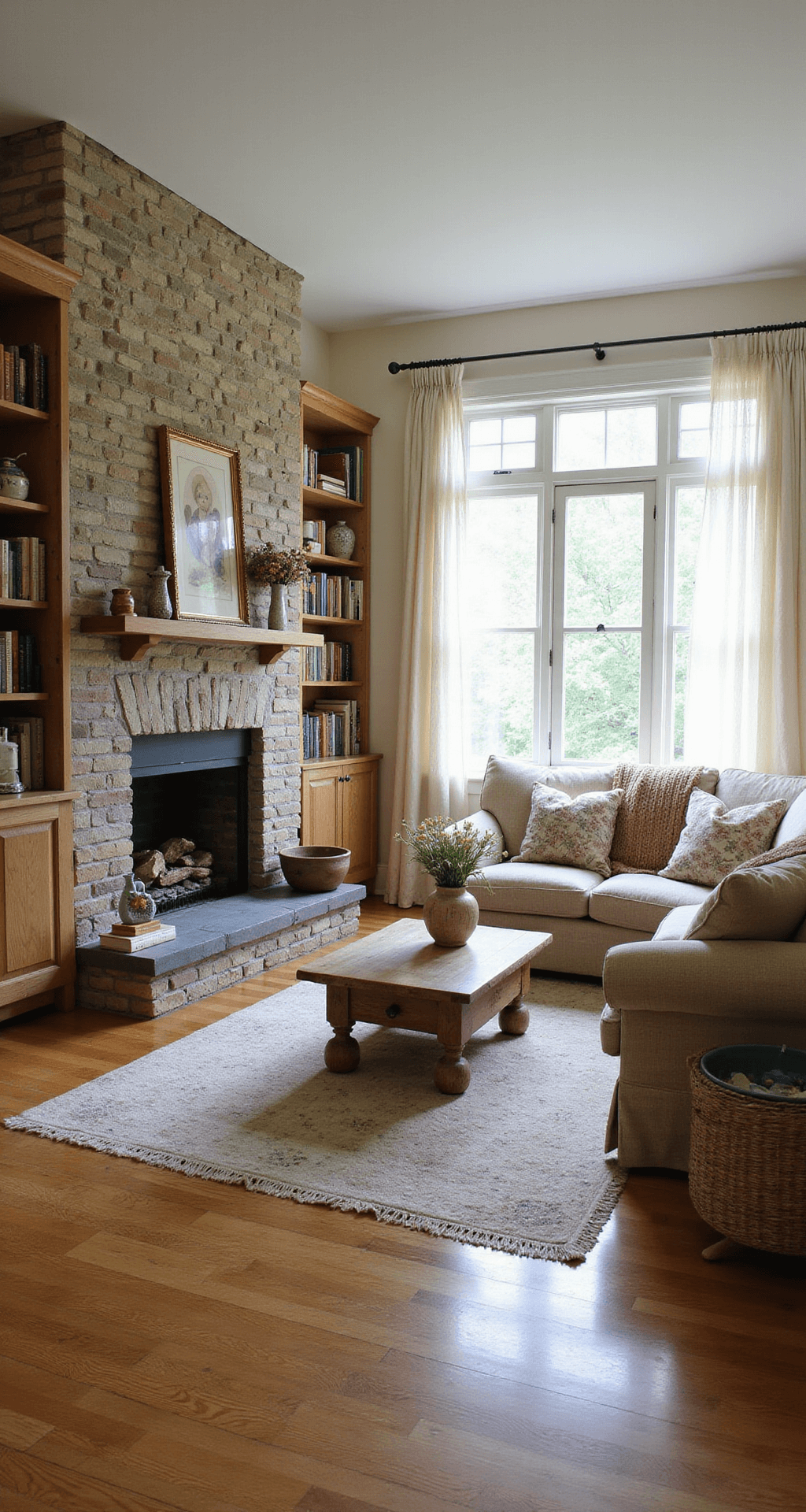 Cozy suburban cottage living room featuring a bay window nook, beige sofa with knit throws, rustic stone fireplace, and built-in bookshelves, illuminated by soft morning light.