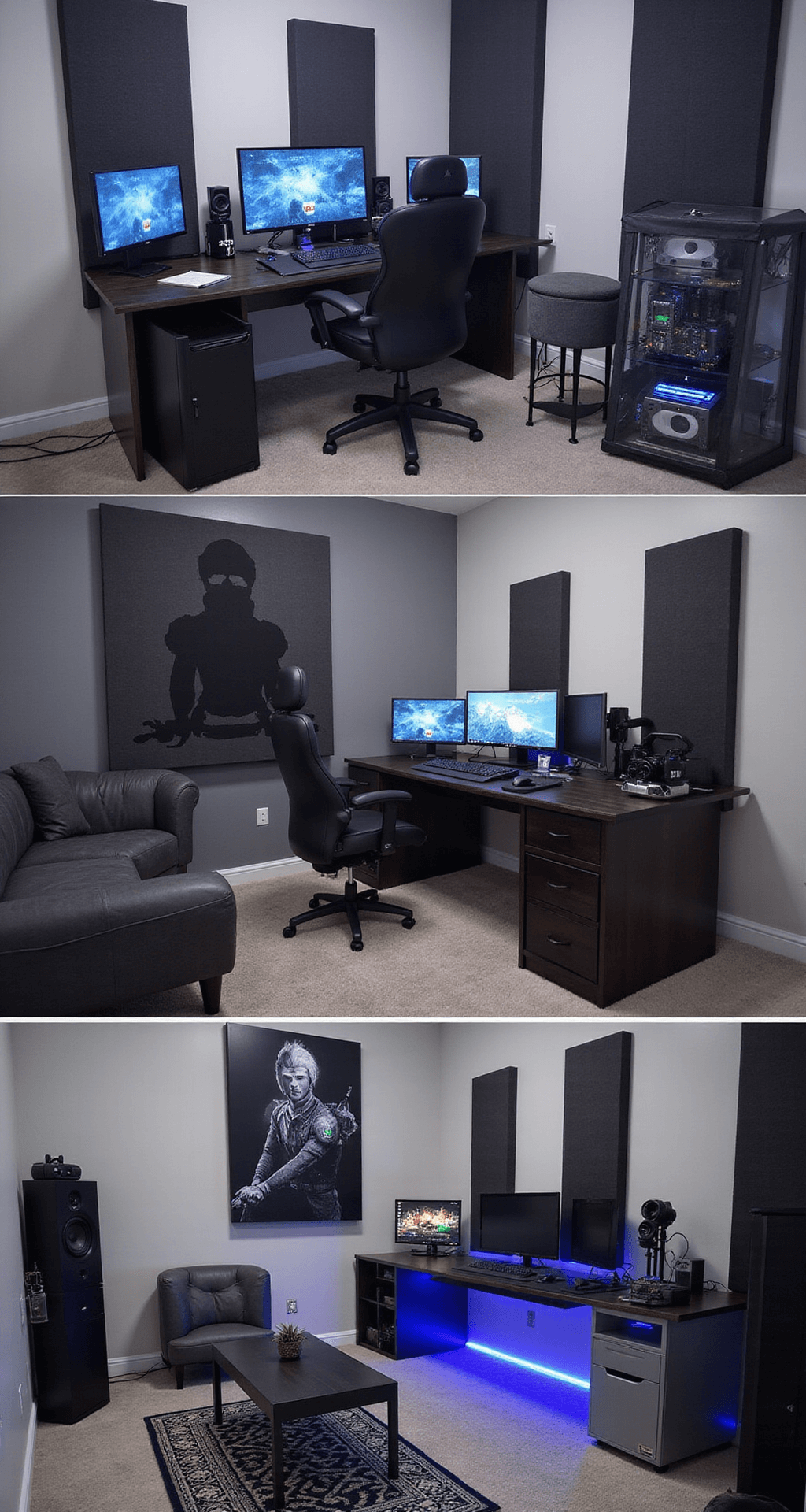 A sophisticated gaming room featuring sound-absorbing panels, a custom L-shaped desk with high-end gaming and streaming equipment, a cozy seating area, RGB lighting, and a display case for collectibles.