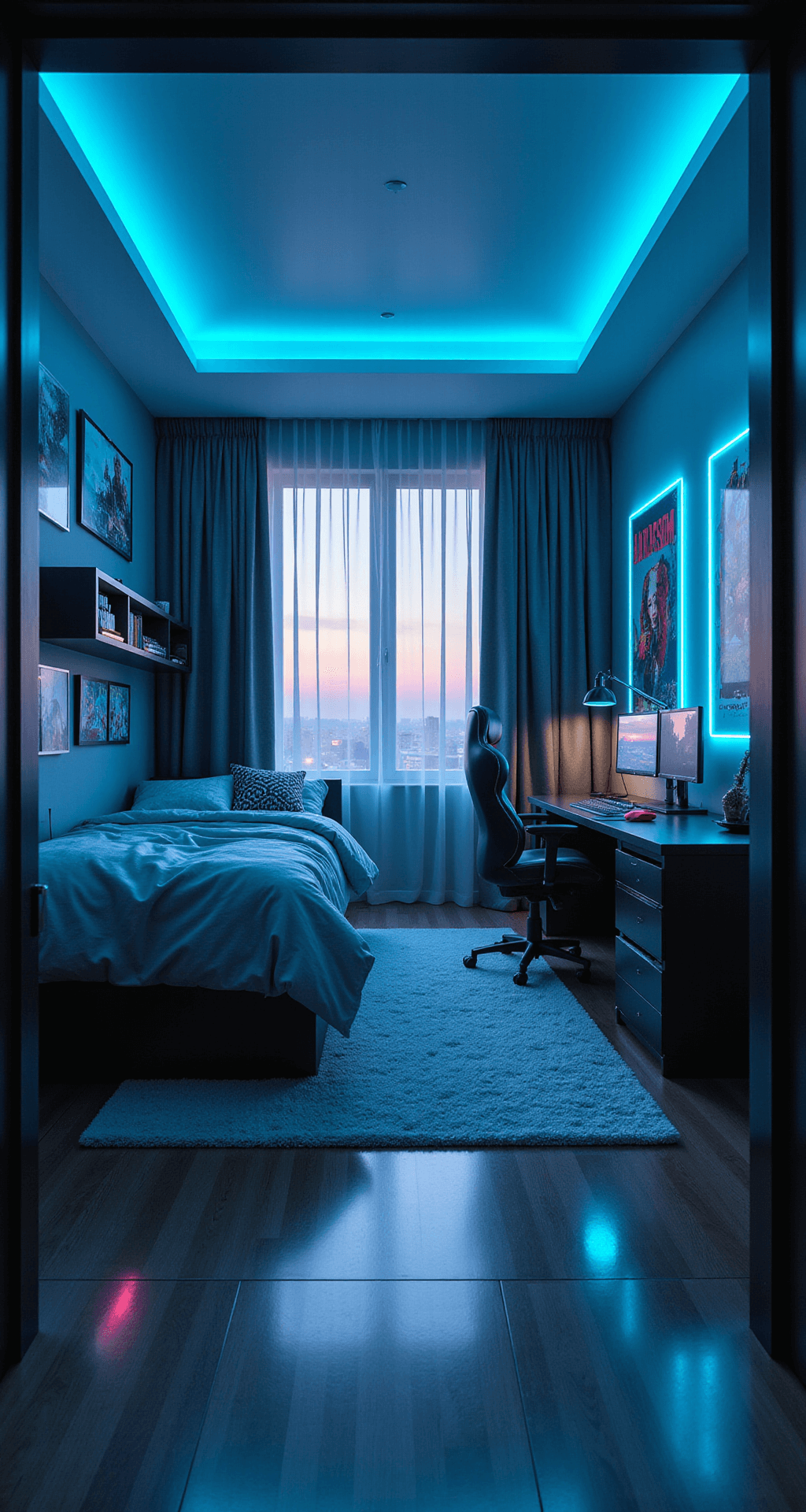 A spacious 12x15 ft bedroom featuring high ceilings illuminated by a soft blue neon glow at dusk, showcasing a black gaming desk with multiple monitors, a platform bed with built-in storage, and retro-futuristic posters on the walls, all accentuated by smart LED strips.
