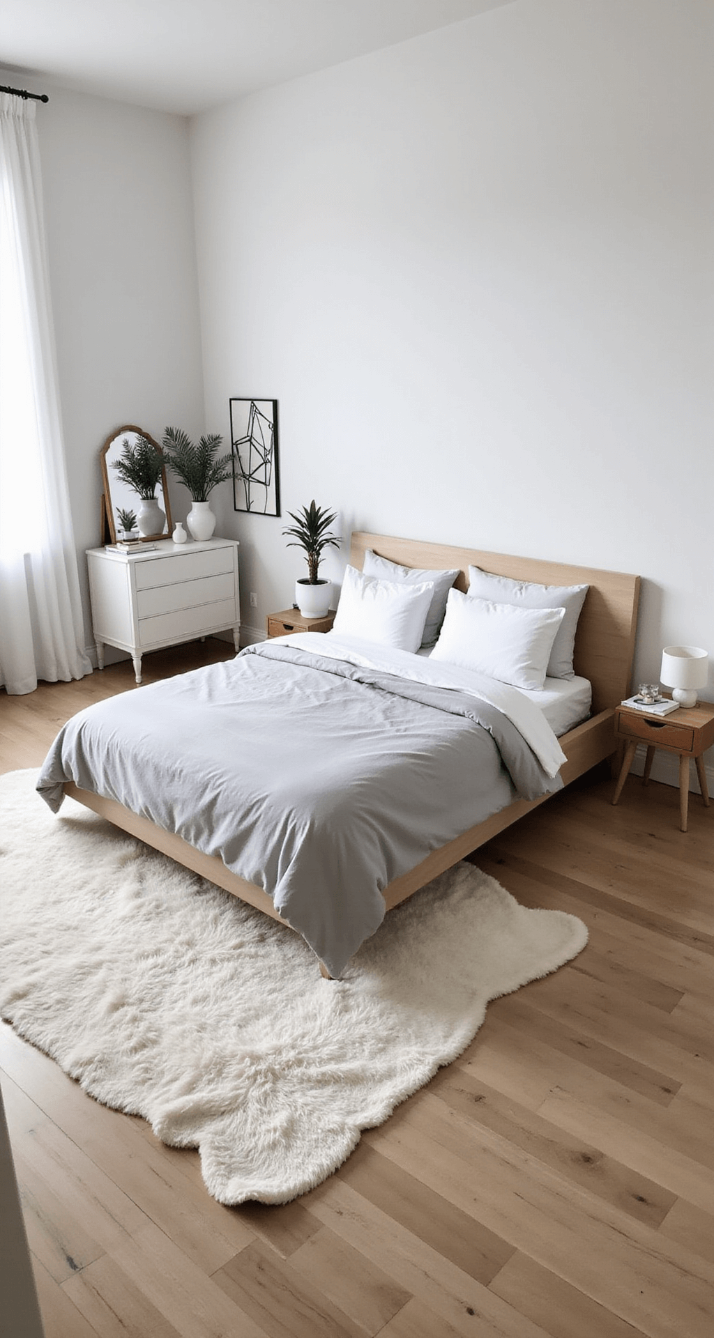 High-angle view of a serene Scandinavian-inspired Bloxburg bedroom featuring light oak flooring, a low-profile platform bed, minimalist decor, and diffused light from sheer white curtains.