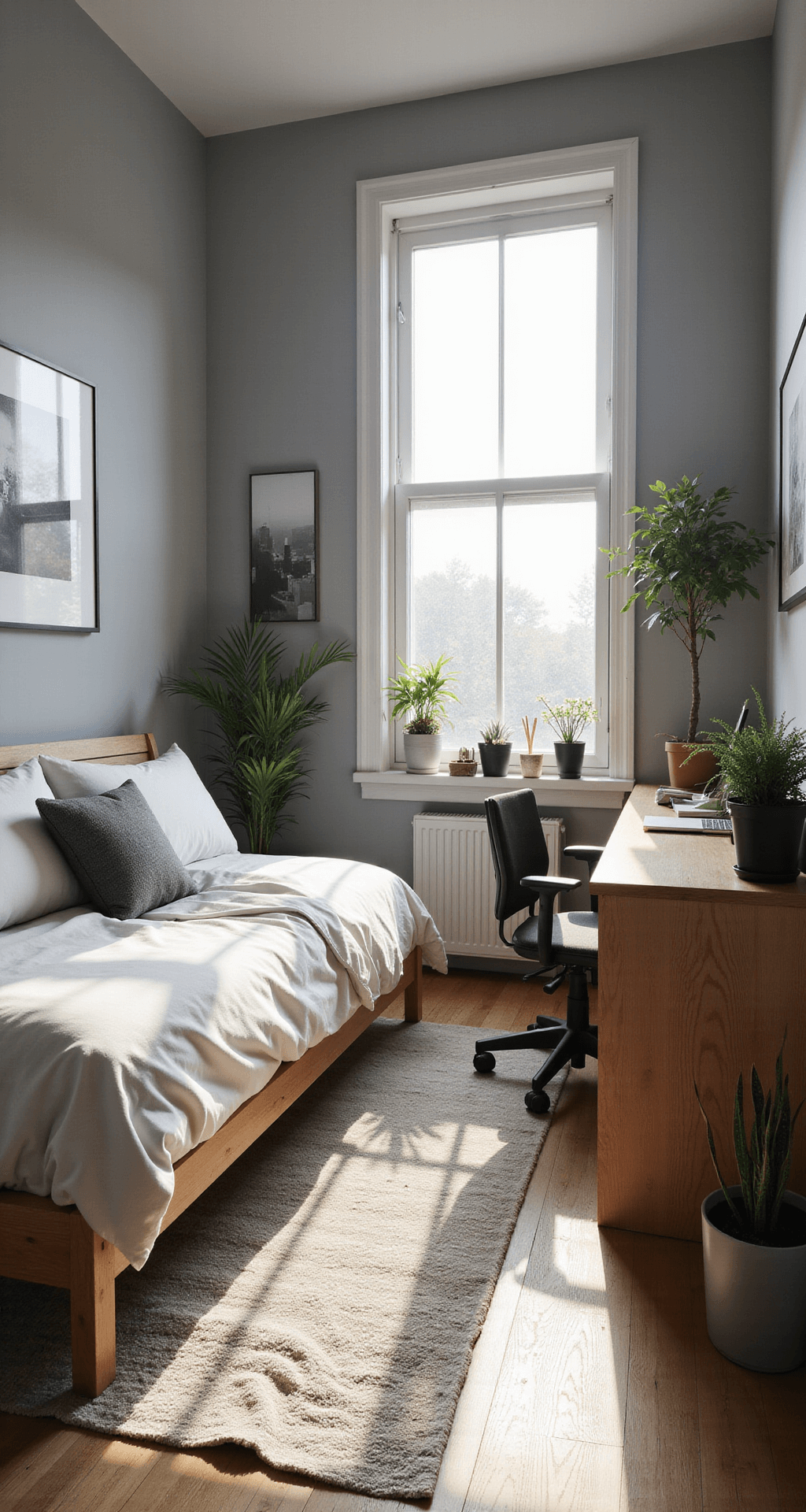 A minimalist 10x12 ft bedroom with a grey color scheme, featuring a light oak desk, bedside table, white linens, potted plants, and black and white photography, illuminated by soft natural light from a large window.