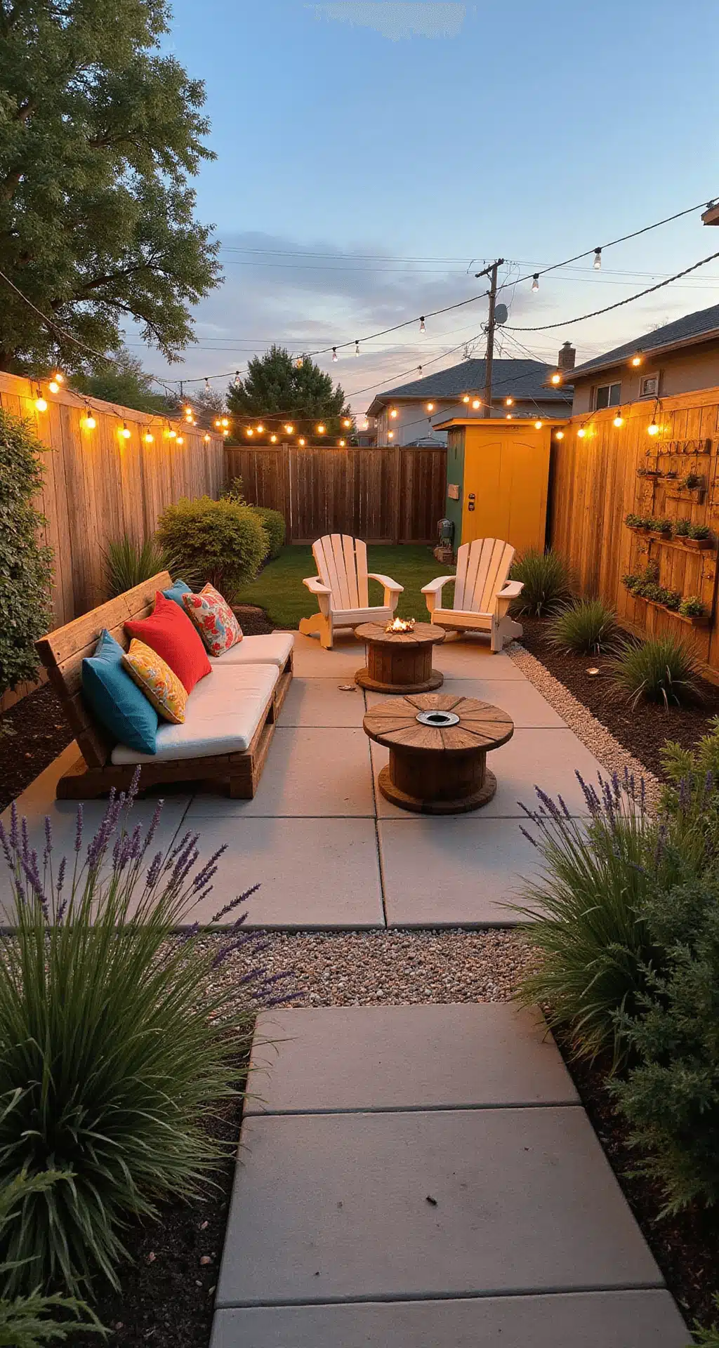 Budget-friendly Bloxburg backyard oasis featuring a compact 20x30-foot space with a DIY pallet sofa, colorful cushions, a repurposed spool coffee table, and string lights overhead. A fire pit with Adirondack chairs sits on gravel, alongside low-maintenance landscaping with lavender bushes and ornamental grasses. A vertical herb garden and a cheerful yellow tool shed complete the inviting atmosphere.