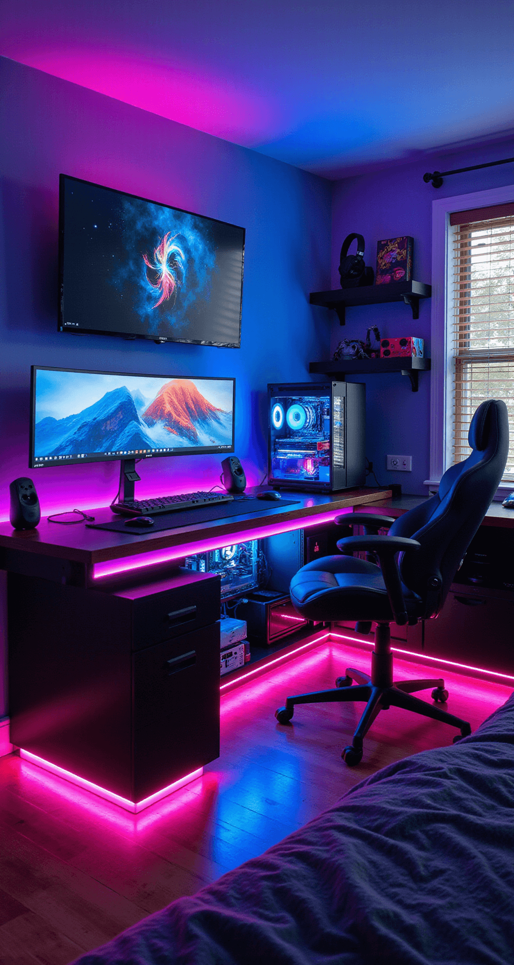 A vibrant 14x16 ft gaming sanctuary at night, illuminated by shifting RGB lights. A curved ultrawide monitor dominates a floating desk, surrounded by LED panels. The RGB-lit gaming PC shows off its internal components, while RGB strips highlight the baseboards, bed, and floating TV. Deep purple hues fill the room, adorned with gaming memorabilia on custom-lit shelves and a high-end gaming chair with RGB accents, all captured from a low angle for dramatic effect.