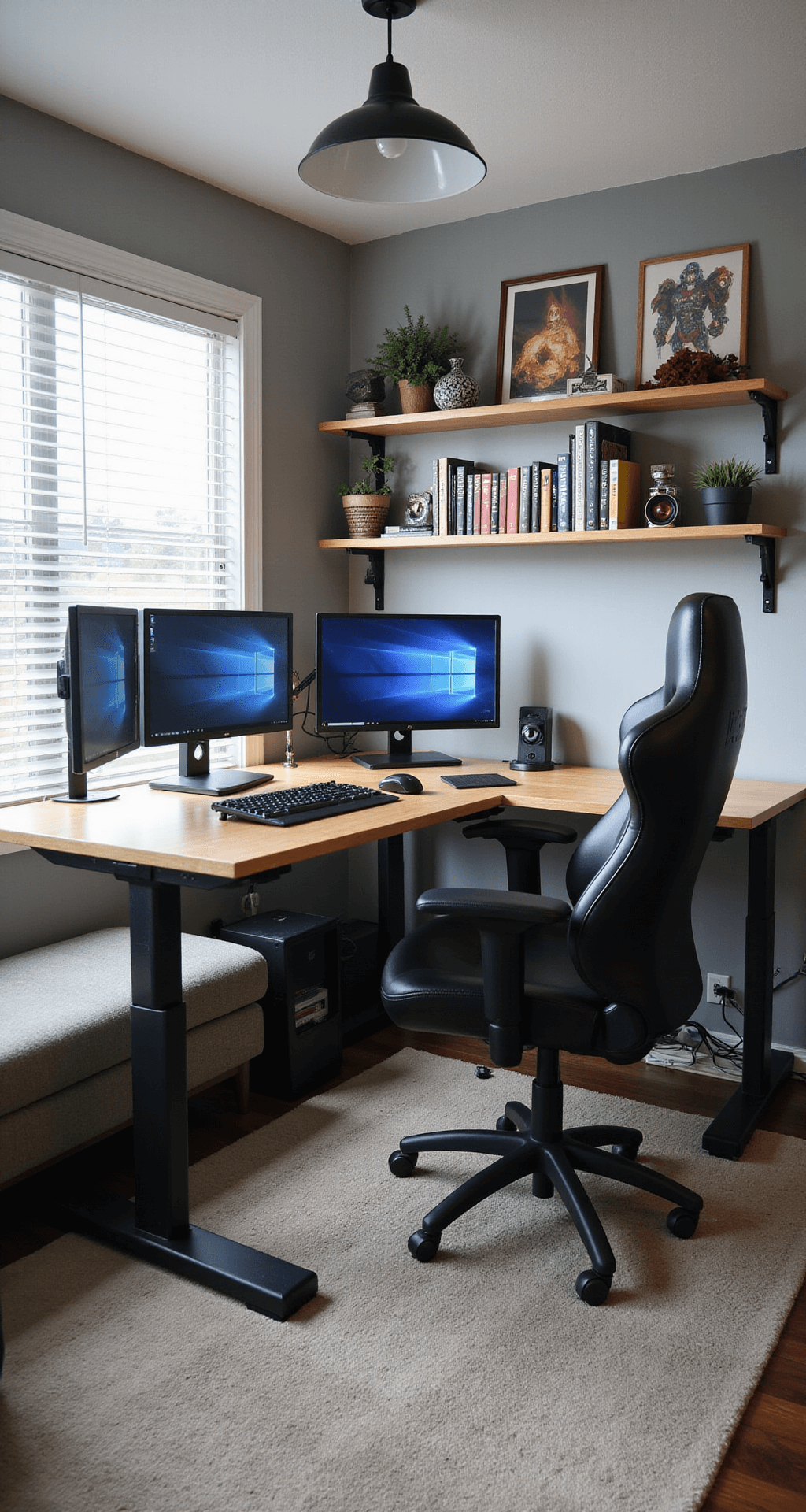 A modern 11x13 ft gaming and work space featuring an L-shaped standing desk, ergonomic chair, multiple monitors, a small couch, and organized cable management, all illuminated by afternoon light with a neutral color scheme and vibrant gaming accents.