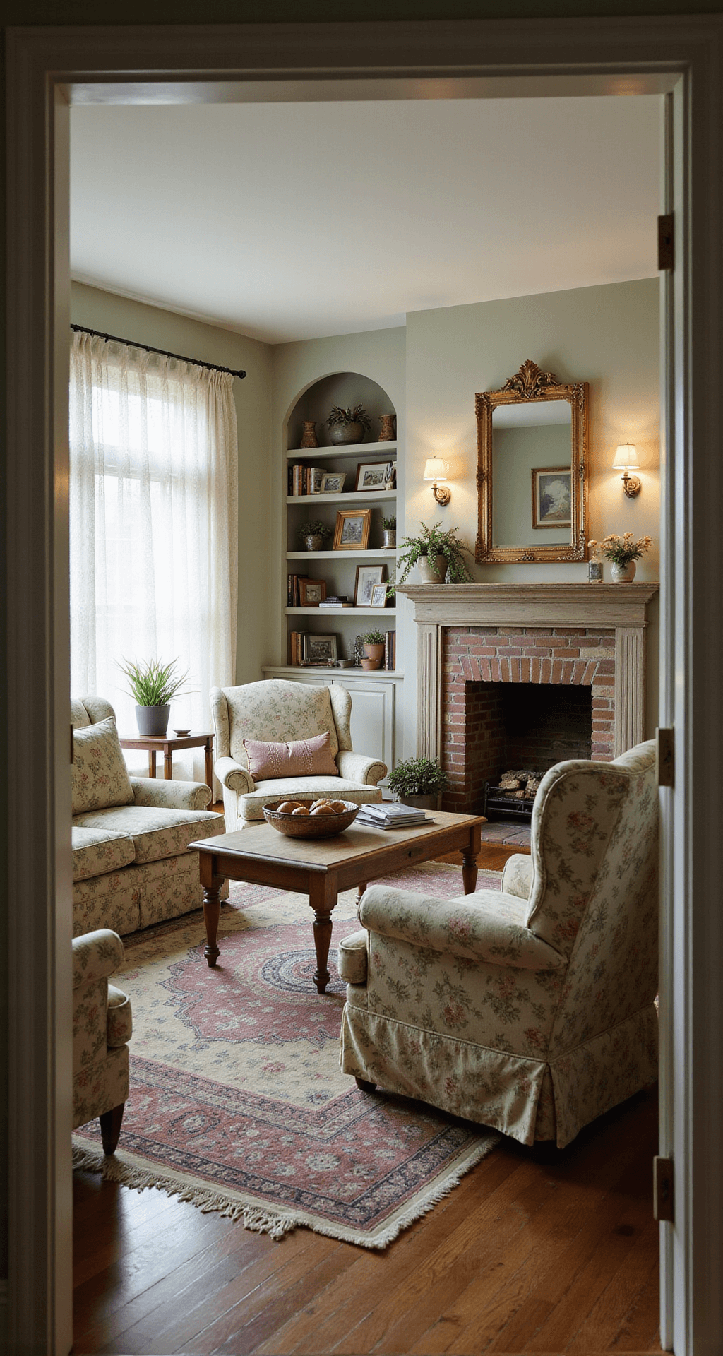 Cozy suburban cottage living room with a floral sofa and wingback chairs, illuminated by soft morning light filtering through lace curtains. A distressed wood coffee table sits in front of built-in bookshelves beside a brick fireplace adorned with vintage decor, family photos, and potted plants, all in a palette of soft creams, sage green, and warm wood tones.