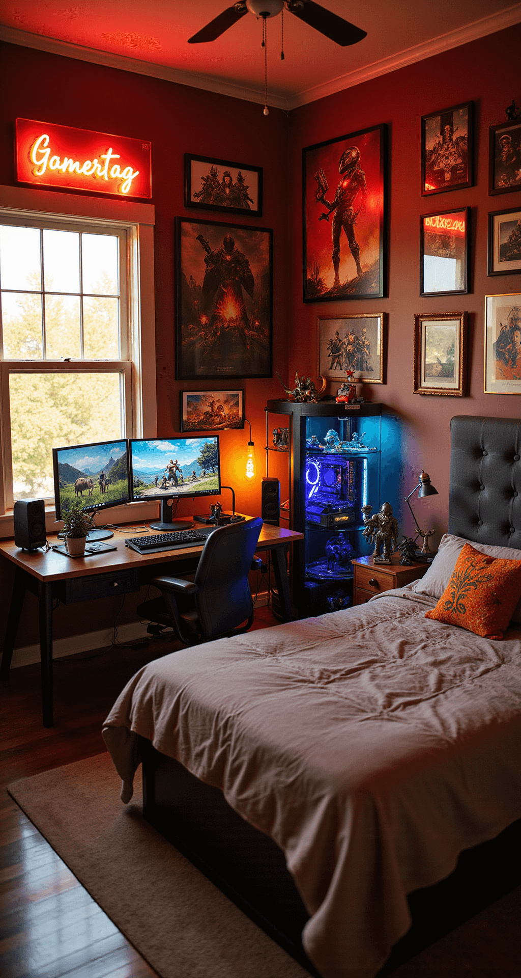 A cozy 12x14 ft gamer's retreat illuminated by golden hour sunlight, adorned with framed gaming posters and concept art, featuring a large custom LED gamertag sign, a display case of gaming figurines, a custom-built PC with ambient lighting, and a bed with hidden storage, all showcasing a bold and eclectic color scheme.
