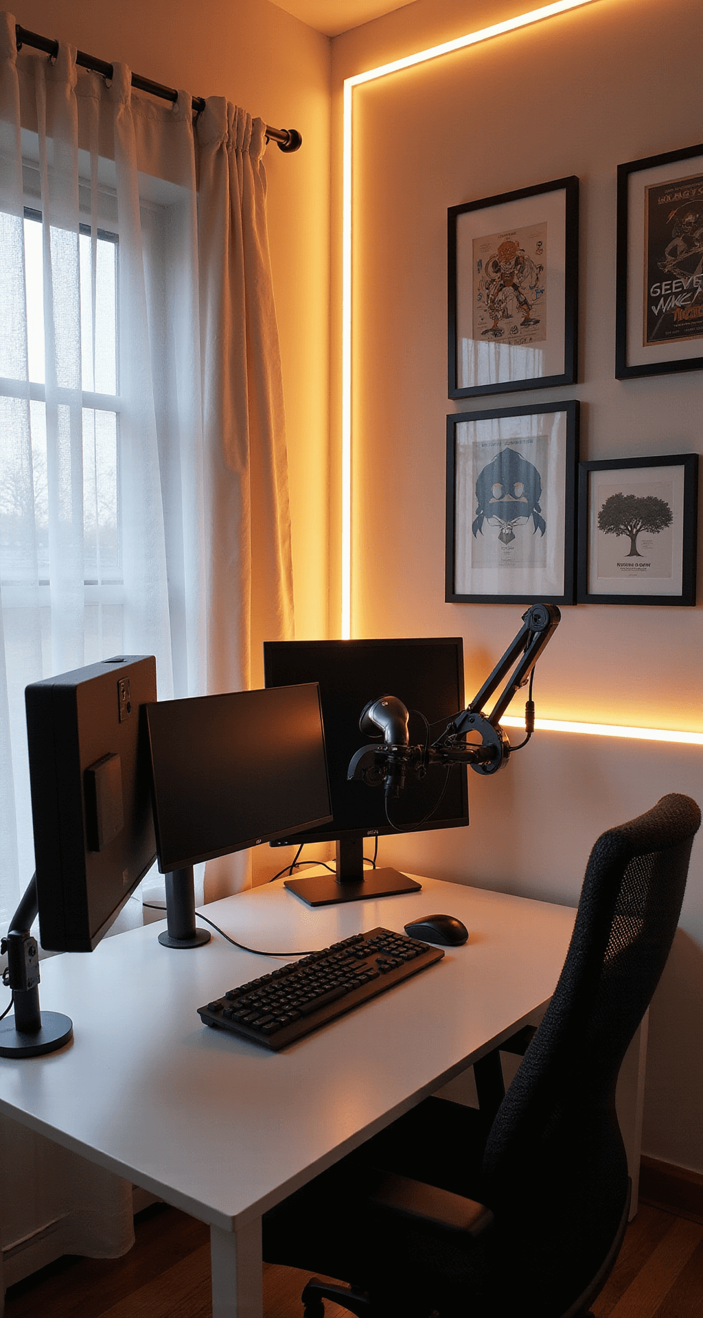 Wide-angle view of a cozy 12x12ft streaming corner illuminated by golden hour light, featuring a minimalist white desk, professional streaming setup with a premium microphone arm and ring light, acoustic foam panels, secondary monitors on articulating arms, and a gallery wall of vintage gaming posters, accented by warm LED strip lighting.