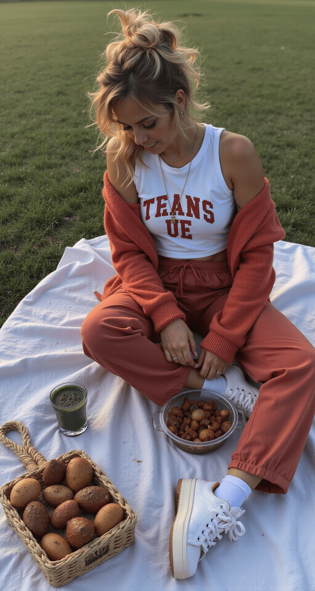 Game Day Glam: Stylish Football Game Outfits Aerial view of a stylish tailgate setup at dawn, featuring a person in a cropped team tank and oversized button-down, arranging items on a picnic blanket, complemented by high-waisted joggers and white platform sneakers, with hair in a messy bun and face-framing pieces.