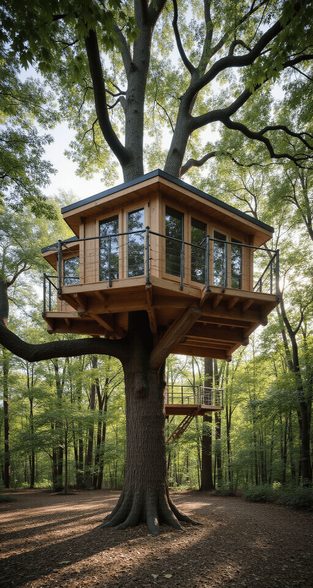 Modern treehouse structure surrounded by mature oak trees, featuring sustainable wood and glass construction with connected platforms and rope bridges, viewed from the ground through the forest canopy, illuminated by dappled natural light.