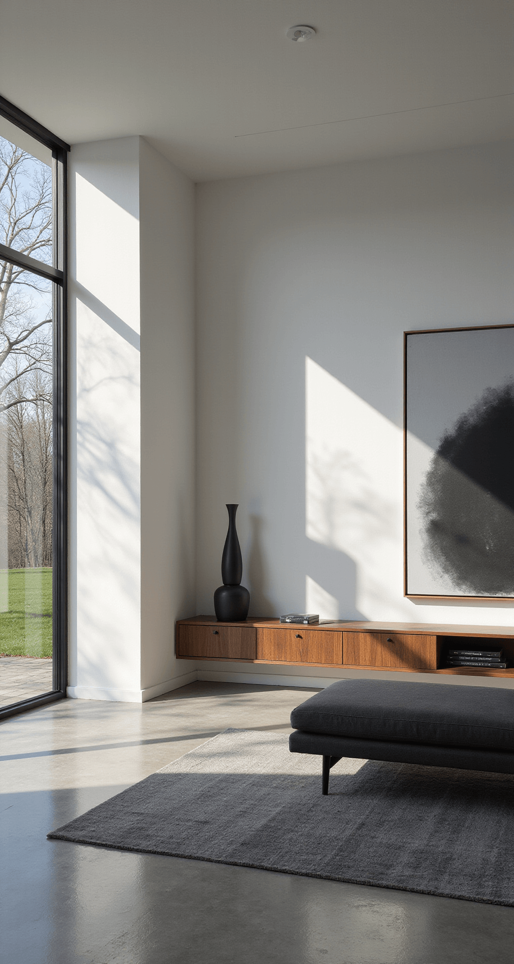 Modern minimalist living room featuring a low-profile charcoal sectional, polished concrete floors, and floor-to-ceiling windows allowing late afternoon sunlight. A walnut media console with hidden LED lighting complements the smooth white walls, while matte black accents and an oversized abstract grayscale canvas add to the decor, all captured from an eye-level perspective at the entrance.
