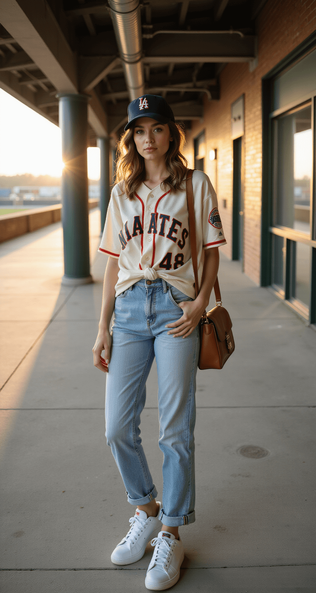 A female model in a vintage team jersey and high-waisted jeans stands in a sunlit baseball stadium concourse, her loose waves framed by a navy cap. She holds a cognac leather crossbody bag, with natural makeup highlighted by subtle team-colored eye accents, all set against the architectural backdrop of the stadium.