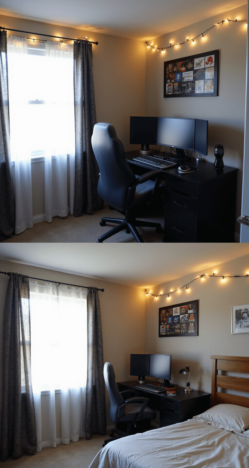 A budget-friendly gaming bedroom featuring a refurbished matte black desk with dual monitors, DIY gaming-themed curtains, string lights, a reupholstered secondhand gaming chair, and a pallet headboard with LED strips, accented by a mix of gaming posters and simple art in matching colors.