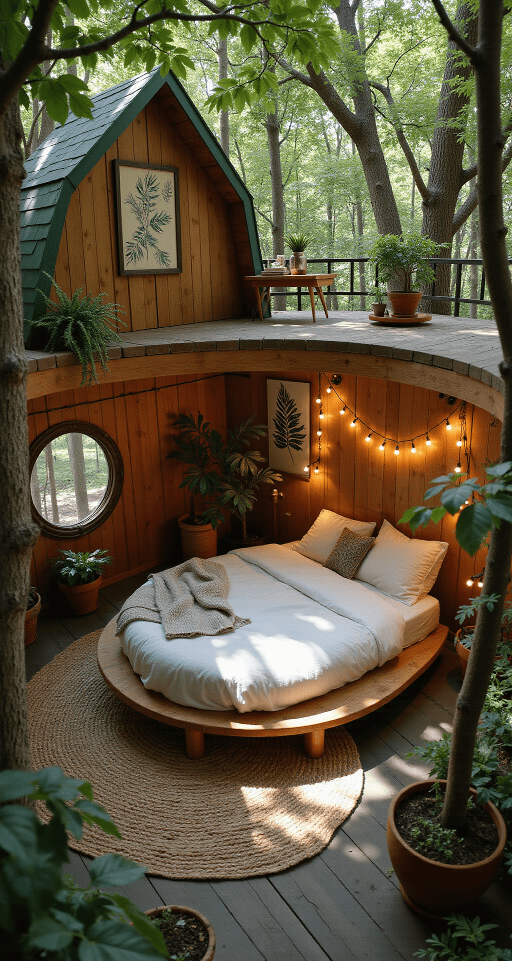 A whimsical circular treehouse bedroom features a round bed with a fairy light canopy at its center. Dappled afternoon light filters through leafy windows, illuminating built-in curved storage and a rope ladder leading to an upper reading nook. Decorated with botanical prints, woven tapestries, and potted ferns, the room's earthy green, warm brown, and soft gold color palette is enhanced by soft, green-tinted natural light and twinkling string lights. Bird's eye view captures the enchanting layout.