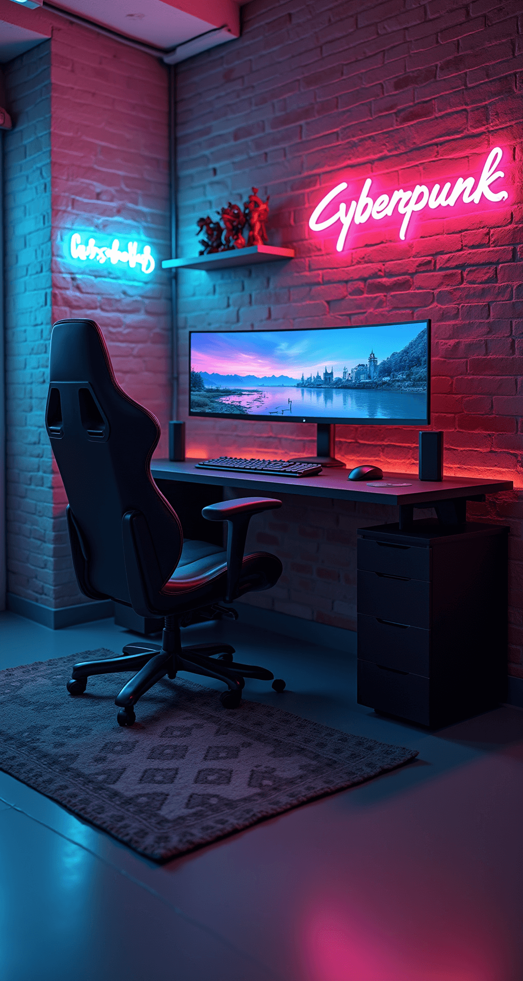 A cozy 15x20 ft room with exposed brick walls and high ceilings, featuring a curved ultrawide monitor on a floating desk, surrounded by RGB strip lights. An empty black gaming chair invites play, while neon cyberpunk signs cast a colorful glow. A wall shelf displays collectible figurines against polished concrete flooring, partially covered by a geometric rug, all captured in soft evening light with dramatic side lighting.