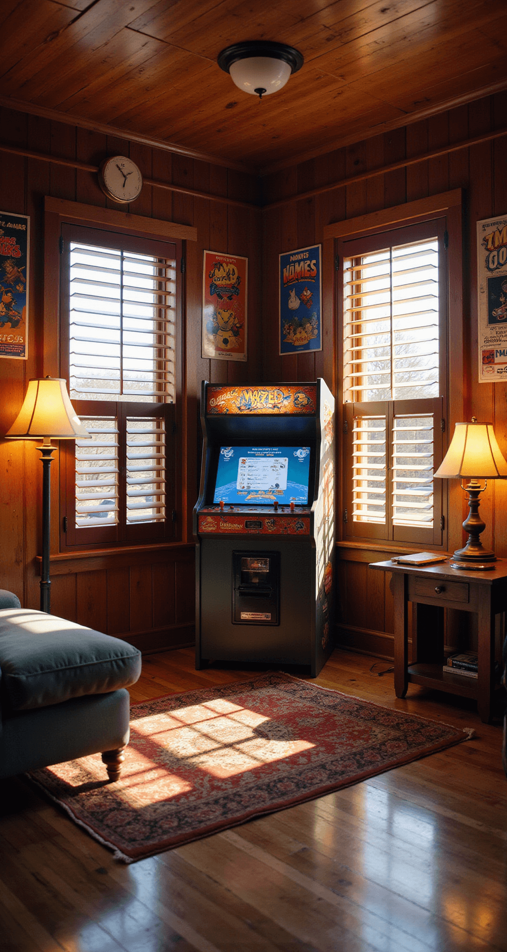 A cozy 12x12 ft room with wood-paneled walls, featuring a vibrant arcade cabinet at the center, warm afternoon sunlight streaming through shuttered windows, and vintage gaming posters on the walls. A plush retro sofa faces the cabinet, complemented by lava lamps and an 8-bit inspired rug on the hardwood floor, captured from a low angle to highlight the arcade's prominence in a nostalgic atmosphere.