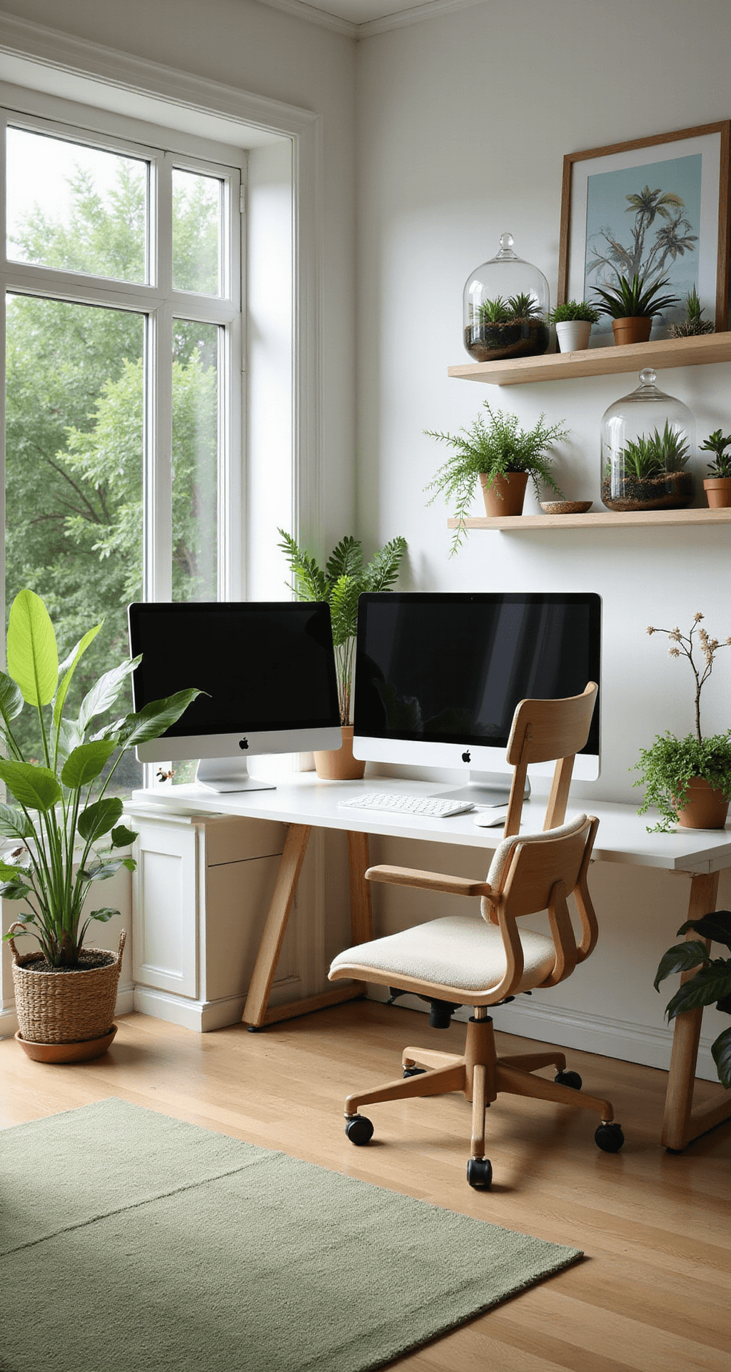 A spacious, sunlit room featuring floor-to-ceiling windows with a view of a lush garden. The minimalist design includes a white desk with dual monitors, an ergonomic chair, and various potted plants. Floating shelves display terrariums and nature-themed art, while a light bamboo floor is complemented by a moss-green area rug. The wide-angle shot showcases the balance of technology and nature.