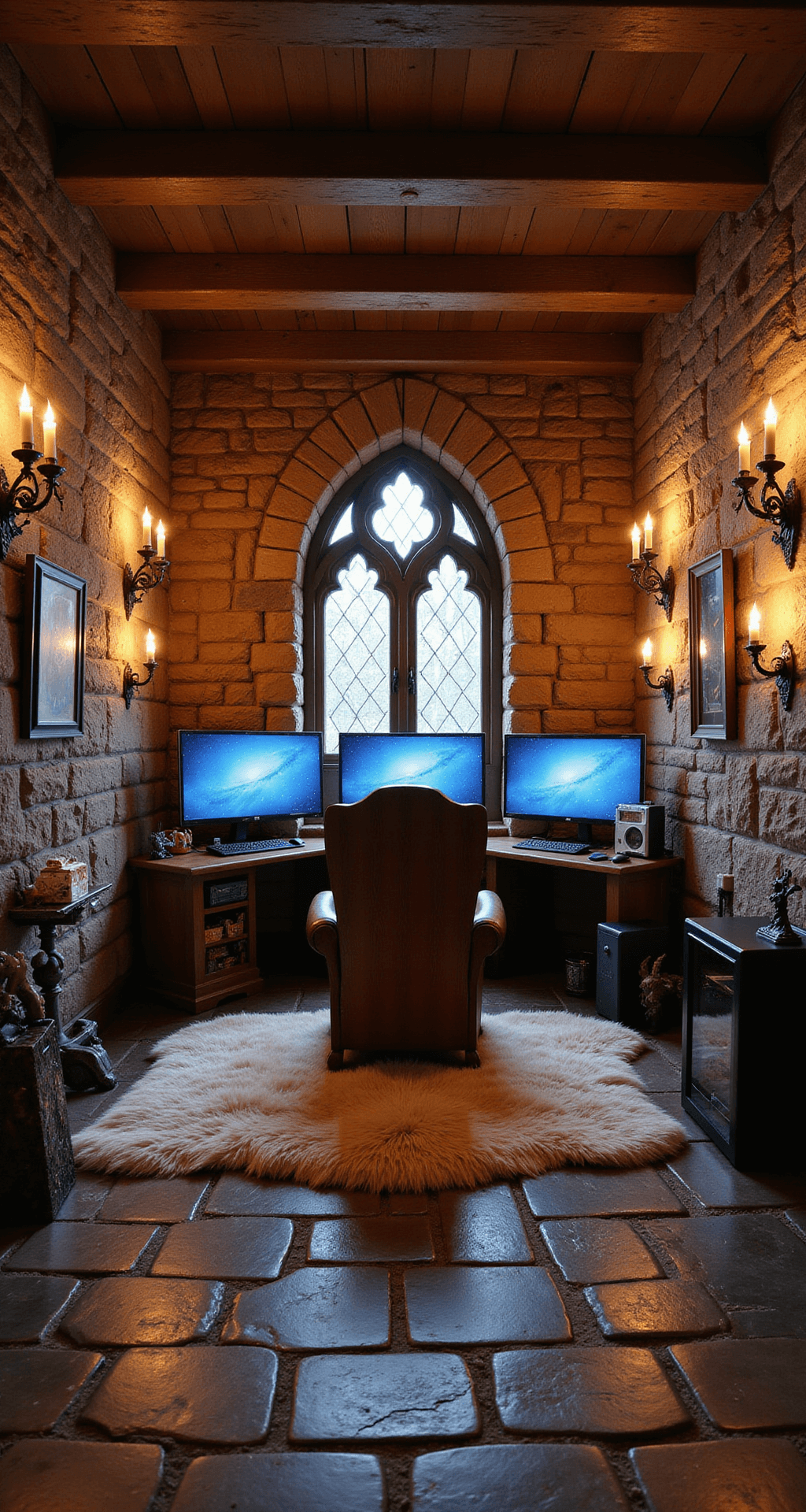 A medieval-themed gaming den featuring faux stone walls, arched windows, and a grand wooden throne-like chair facing multiple monitors. Flickering LED candles in iron sconces illuminate the space, while faux fur rugs cover the flagstone-effect floor. Fantasy memorabilia, including swords and dragon figurines, decorate the walls, and a custom PC case resides at the alchemy station. The low-angle shot emphasizes the throne with dramatic uplighting, casting mysterious shadows to enhance the fantasy atmosphere.