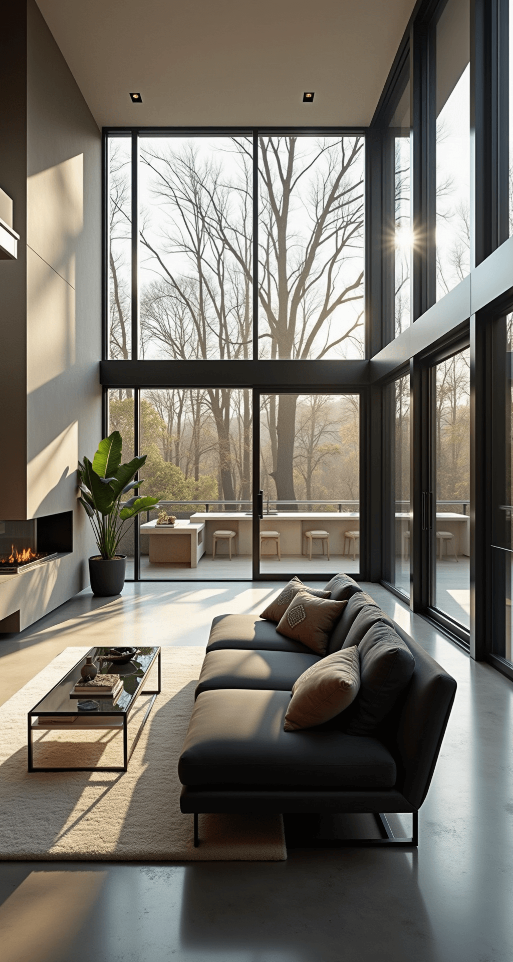 A modern living room featuring floor-to-ceiling windows, a charcoal sectional with geometric throw pillows, a minimalist coffee table on a plush rug, a statement fireplace, and fiddle leaf fig plants, with a gourmet kitchen visible in the background.