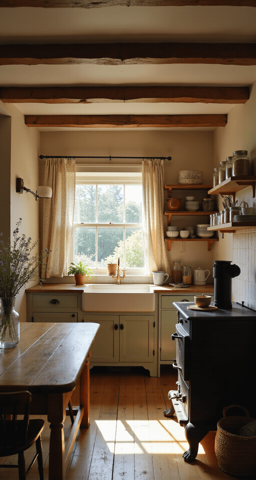 Cozy cottage kitchen with soft morning light through lace curtains, exposed wooden beams, weathered hardwood floors, vintage farmhouse sink, open shelving with mismatched china, wooden table with wildflowers, and a cast iron wood stove, all in warm golden tones.