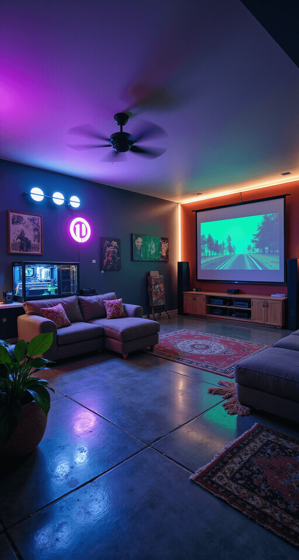 A wide-angle view of a spacious 25x20 ft multipurpose gaming and entertainment room, featuring a professional streaming setup with soundproofing panels and a green screen on one side, and a large sectional sofa facing a massive projector screen on the other. The room showcases a custom PC build with a transparent case, ambient lighting that changes color, framed game artwork, LED game logo signs, and polished concrete floors with area rugs defining different zones. Dramatic lighting highlights key areas of the room.