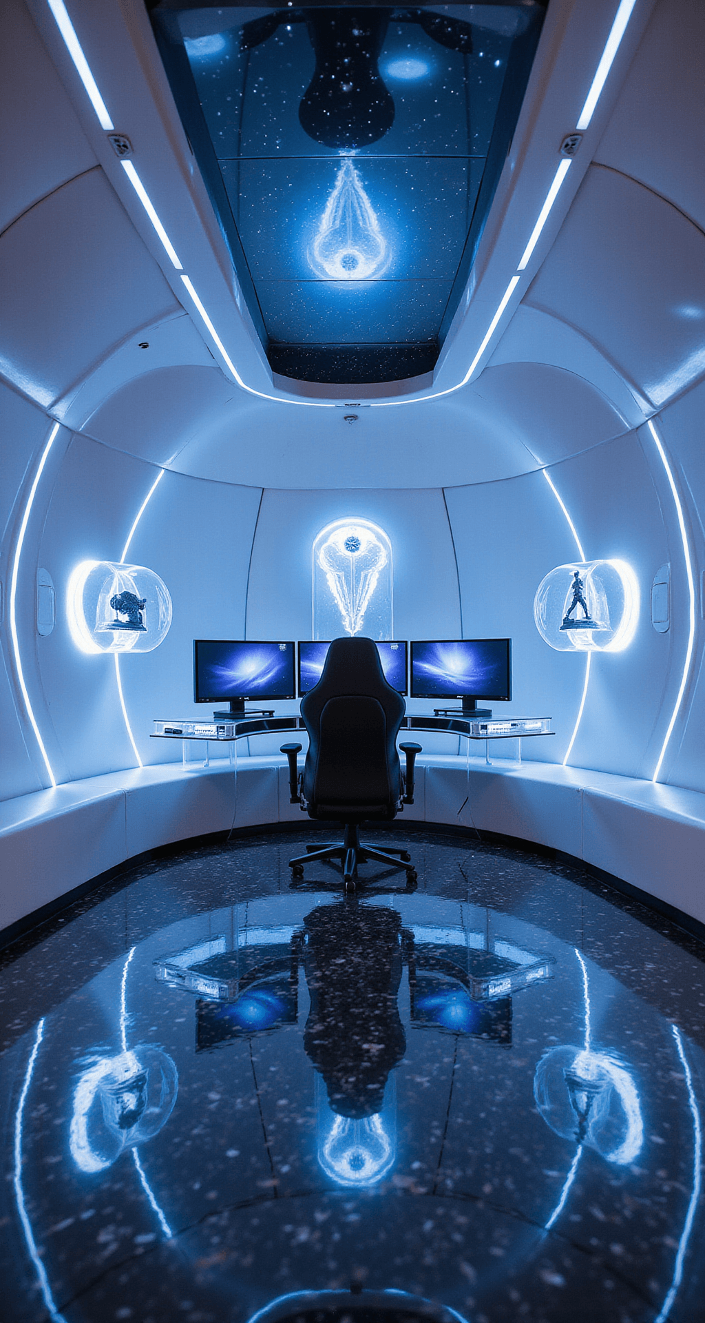 A futuristic gaming cave featuring glossy white curved walls with LED strips creating a TRON grid effect, a cockpit-style gaming chair at the center, a horseshoe-shaped desk with multiple curved monitors, holographic displays of classic gaming icons, fiber optic ceiling lights, transparent acrylic furniture with neon edges, and a high-gloss epoxy floor with metallic patterns, captured from a low-angle shot highlighting the gaming cockpit silhouette.