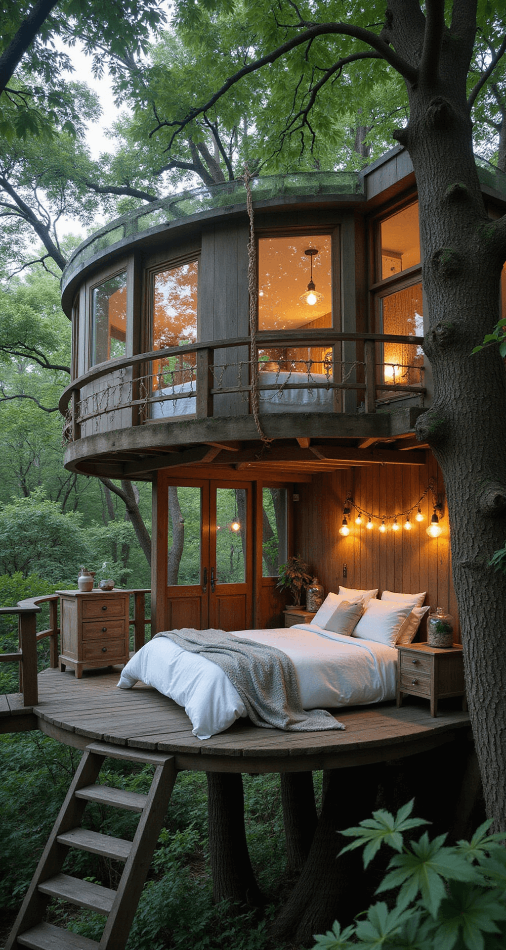 A whimsical treehouse bedroom with curved windows, a round bed, rope ladder to a loft nook, rustic furniture, hanging plants, and a small balcony amidst lush foliage, illuminated by soft, dappled lighting.