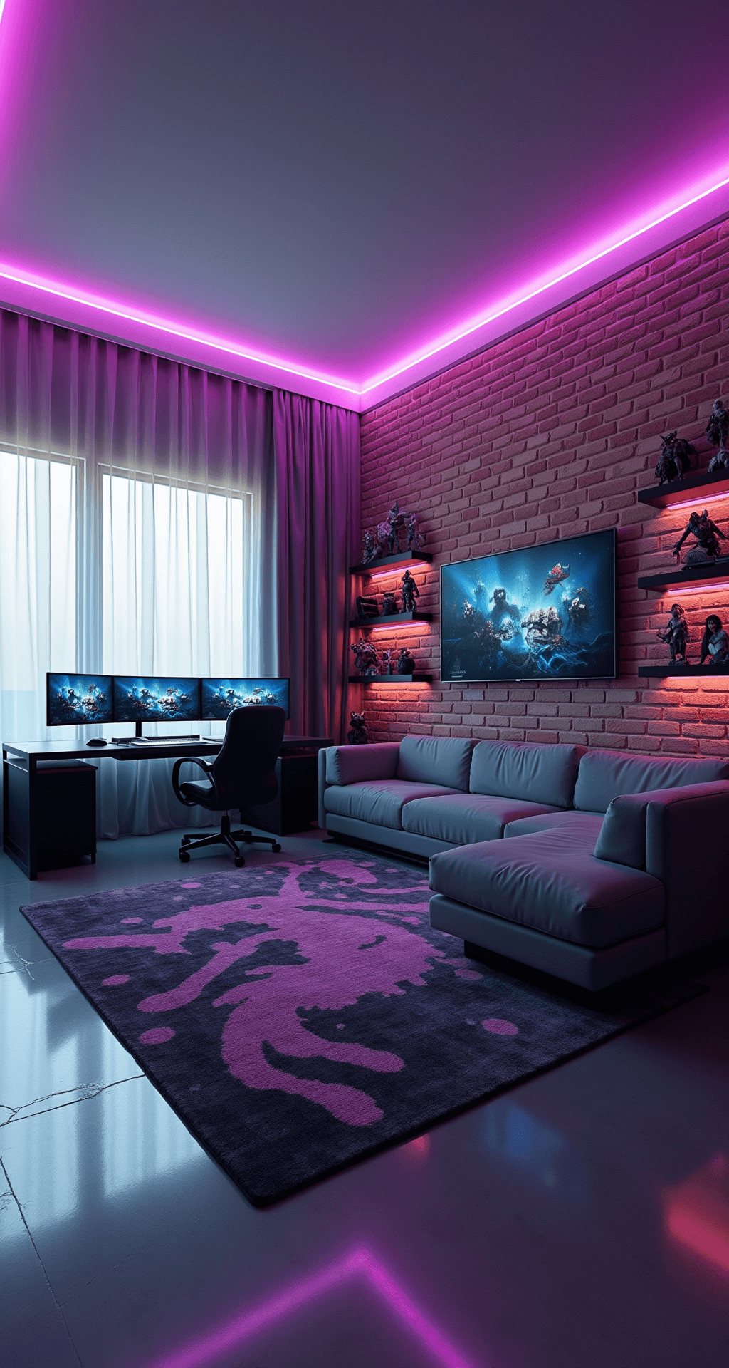 A vibrant gaming room featuring an L-shaped desk with three monitors, neon game logo decor on exposed brick walls, a plush gray sectional, and a large 4K TV, enhanced by colorful RGB LED strips and an abstract area rug.