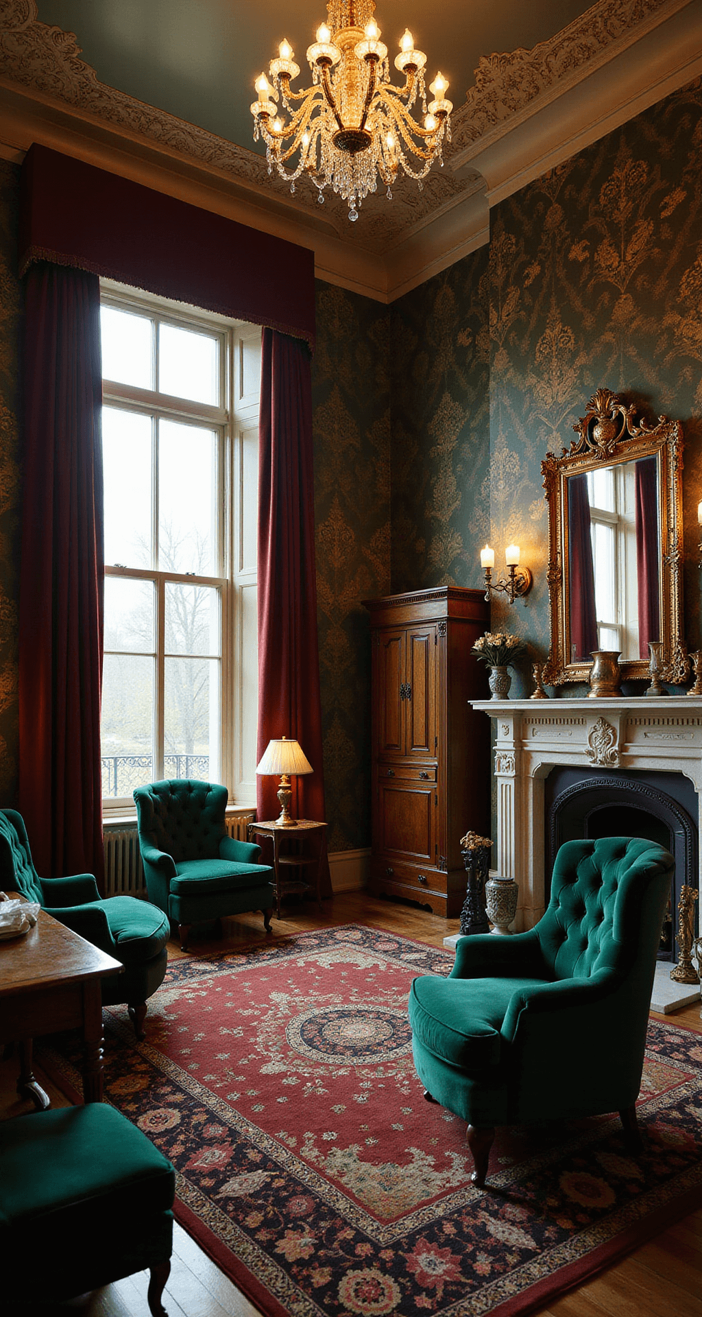 An opulent Victorian parlor with soaring ceilings, intricate plasterwork, a crystal chandelier, jewel-toned damask wallpaper, heavy velvet drapes, a marble fireplace with gilded mirrors, and elegant furniture, all illuminated by warm ambient lighting.