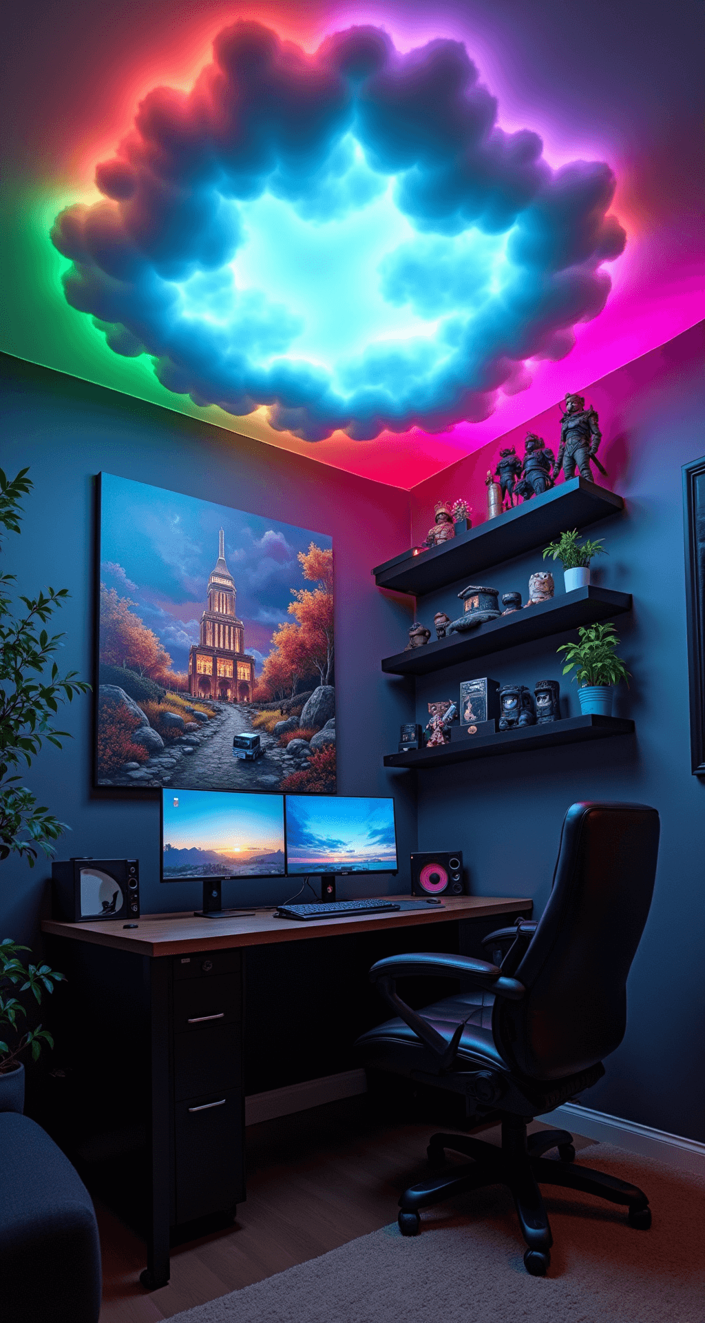 A cozy 10x12ft gaming room illuminated by a DIY LED cloud ceiling, featuring a refinished matte black thrifted desk with dual monitors, a hand-painted gaming mural on the wall, decorative floating shelves with gaming memorabilia, and ambient RGB strip lighting, all complemented by industrial-style metal and wood accents.
