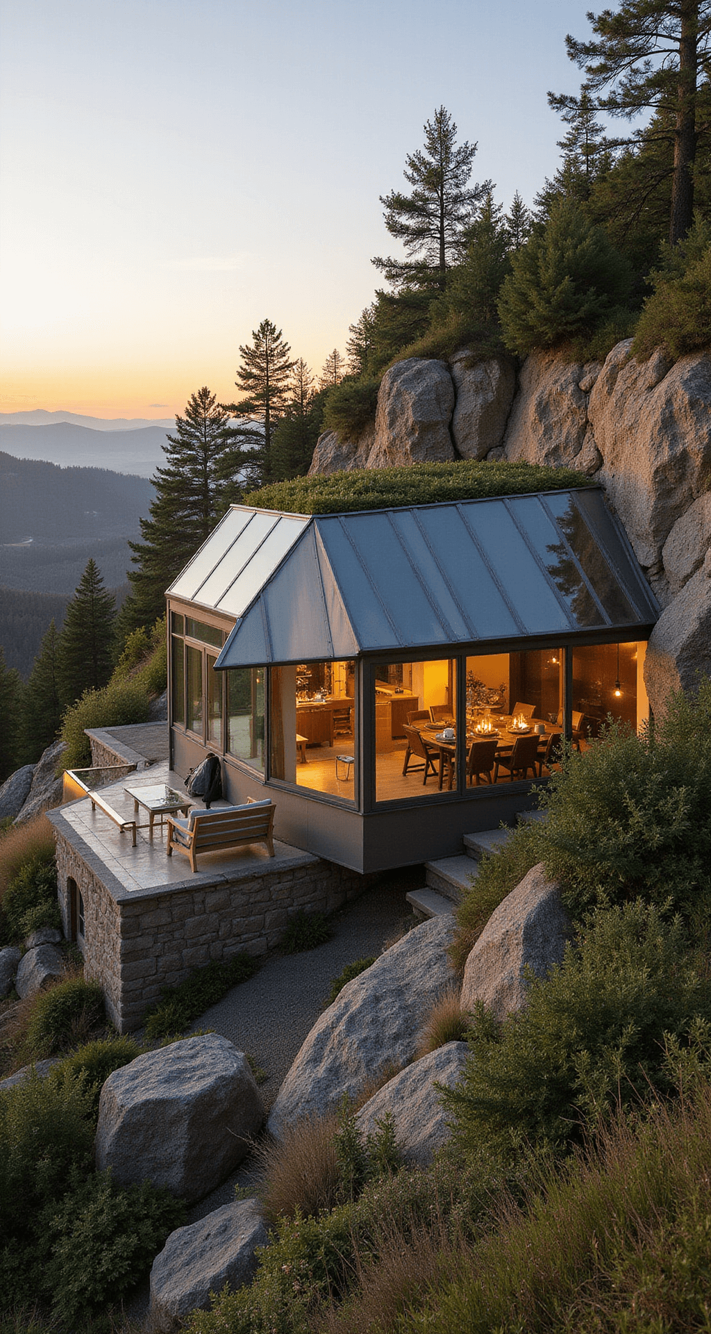 A contemporary crystal cave house seamlessly integrated into a hillside, featuring glass extensions and a living roof, captured from a downhill angle during golden hour to highlight reflections and dramatic shadows.