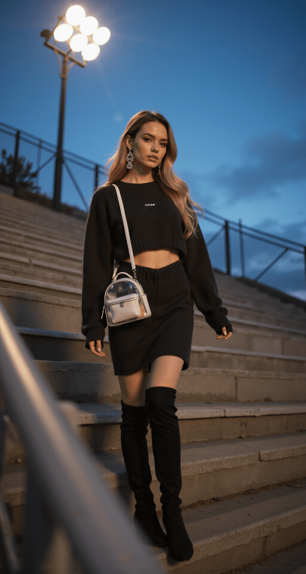 Game Day Glam: Stylish Football Game Outfits A model in a team-colored sweater dress with cutouts ascends stadium steps, wearing over-the-knee boots and a clear mini backpack, as dramatic evening lights illuminate her statement earrings. The shot is taken from below, highlighting the stadium's architecture.