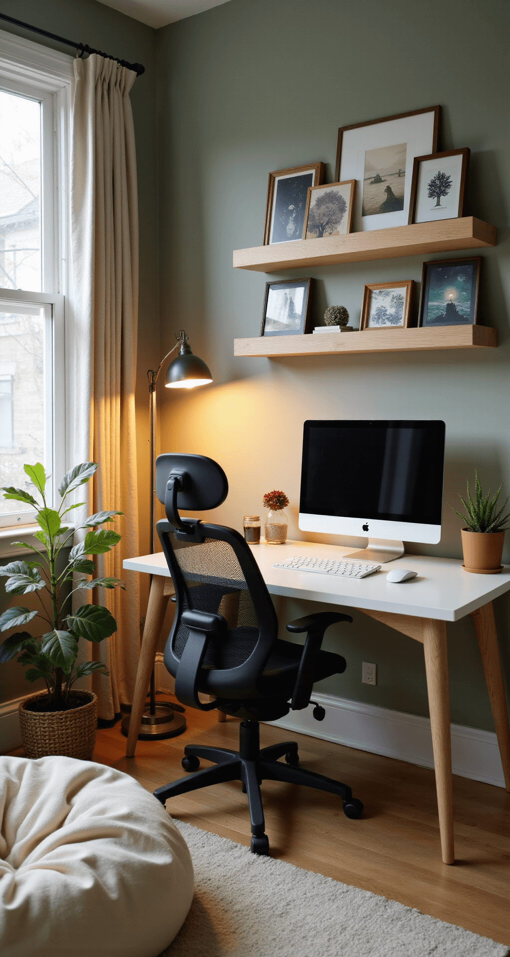 A cozy minimalist gaming nook featuring a compact white desk with an ultrawide monitor and an ergonomic chair, illuminated by warm light from a mid-century floor lamp. Pale oak floating shelves display indie game artwork, a fiddle-leaf fig plant is near a window with light linen curtains, and the sage green walls enhance the serene atmosphere. A cream-colored bean bag rests on a high-pile rug in the corner.