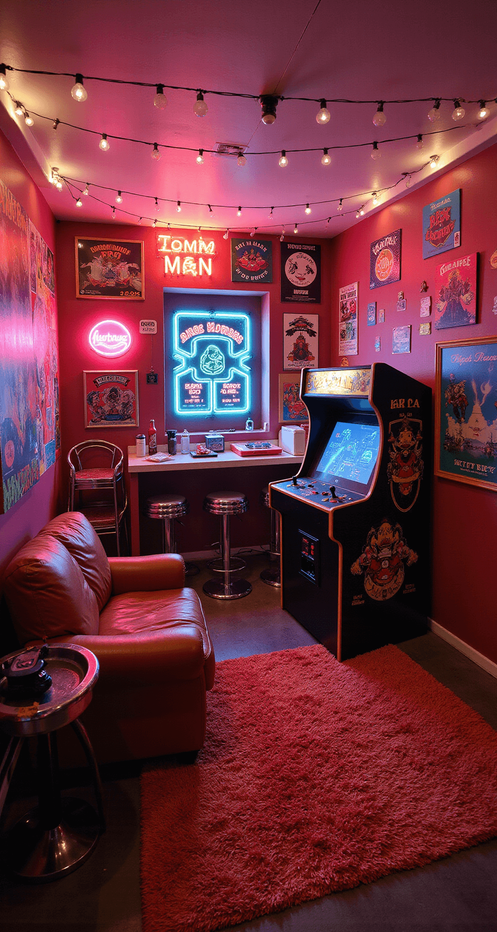 A vibrant retro arcade-themed gaming room featuring a vintage Pac-Man machine, neon beer signs, classic arcade game posters, a colorful mural of 8-bit characters, a custom arcade cabinet with a modern gaming PC, mismatched retro furniture, string lights, and a bold primary-colored shag carpet, captured from a low angle to emphasize the playful energy and glow.