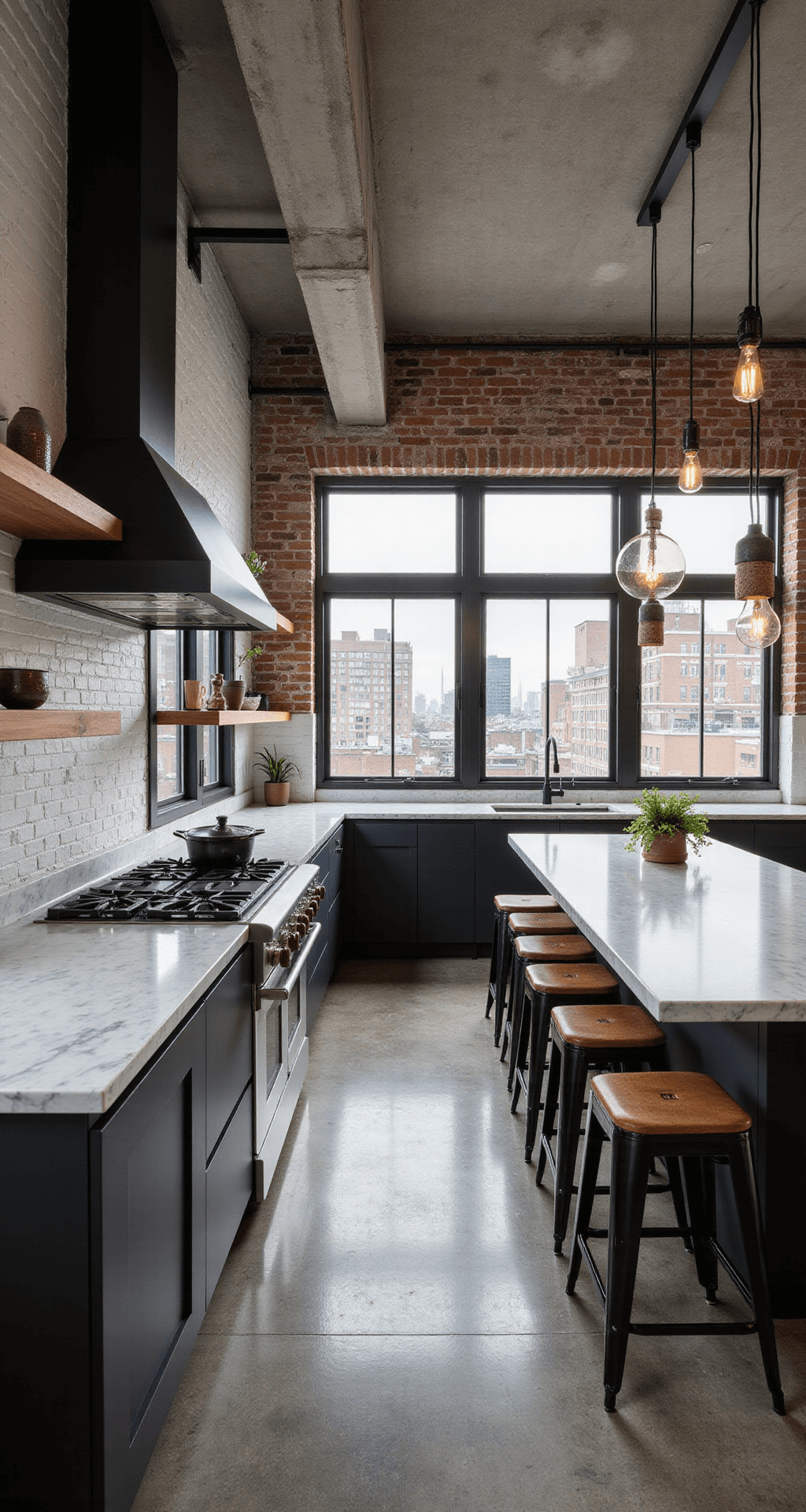 Chic contemporary kitchen with urban loft aesthetic, featuring white-painted exposed brick walls, dark metal-framed windows, polished concrete floors, a waterfall-edge marble island, matte black cabinetry with warm wood shelving, and a professional-grade range; moody lighting enhances the industrial-chic vibe.
