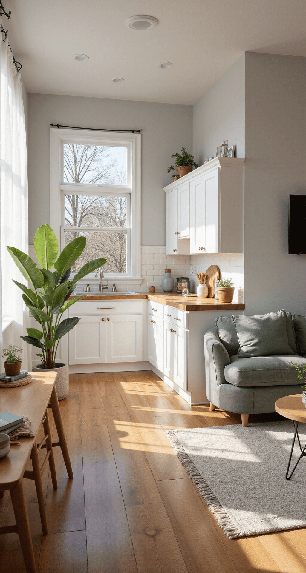 Cozy one-story Bloxburg house interior showcasing an open-plan living area with a compact L-shaped kitchen, dining nook, plush gray sectional, and warm wood floors, illuminated by early morning sunlight.
