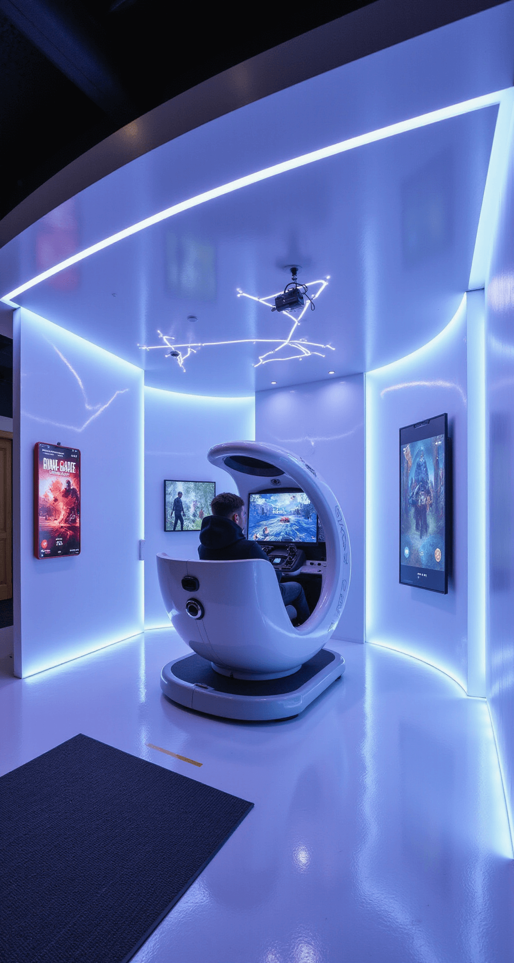Futuristic gaming arena featuring a circular gaming pod with a 360-degree screen, recessed LED color-shifting panels, touch-screen control walls, a dedicated VR zone, transparent OLED displays as dividers, and angular light fixtures casting shadows on a polished epoxy floor.