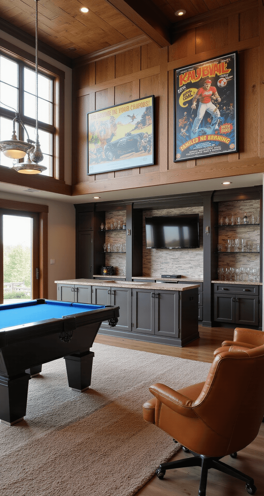 A spacious multipurpose game room featuring a professional-grade pool table, gaming setup with dual monitors, vintage game posters, modern art, a custom wet bar, leather club chairs, and a plush area rug, all illuminated by natural light from large windows.