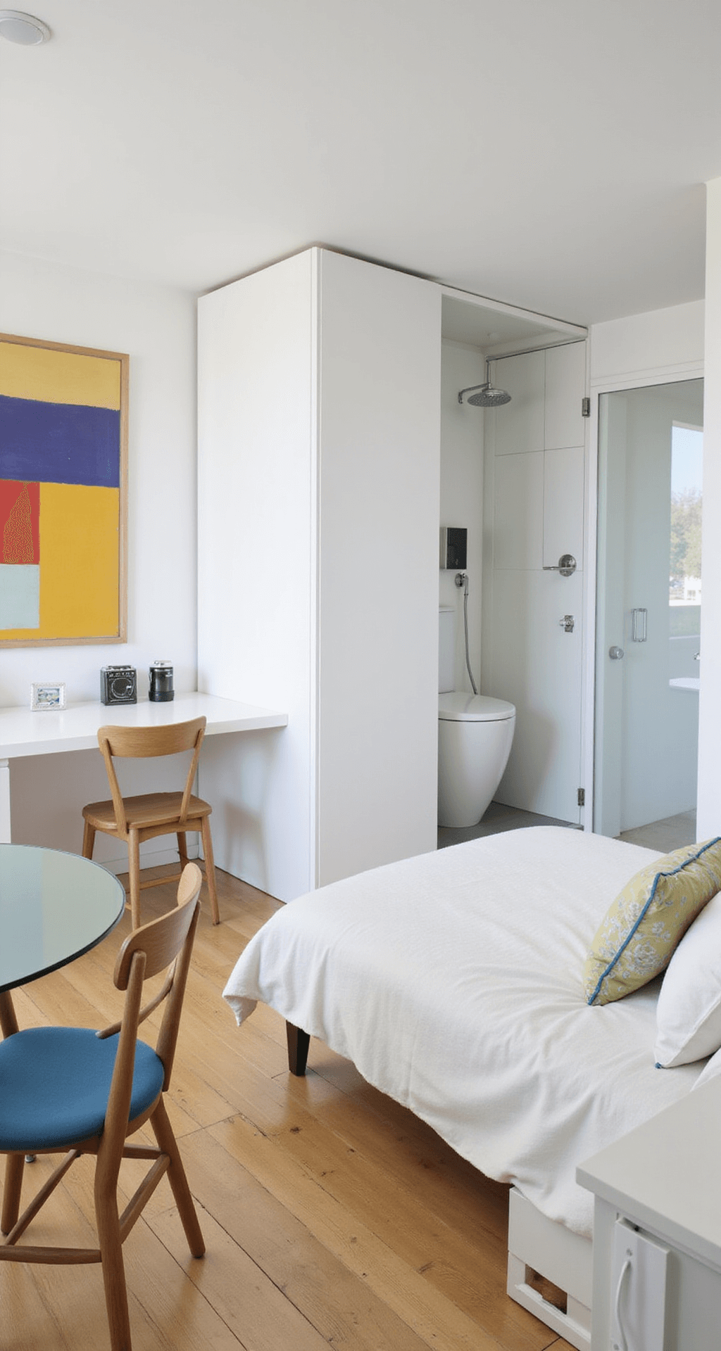 A high-angle view of a minimalist Bloxburg studio apartment featuring all-white walls and light oak floors. The space includes a Murphy bed, a glass desk that serves as a dining table, and a kitchenette with hidden appliances. The bathroom has a walk-in shower with a clear glass partition. Colorful artwork and throw pillows add pops of primary colors to the clean, bright interior.