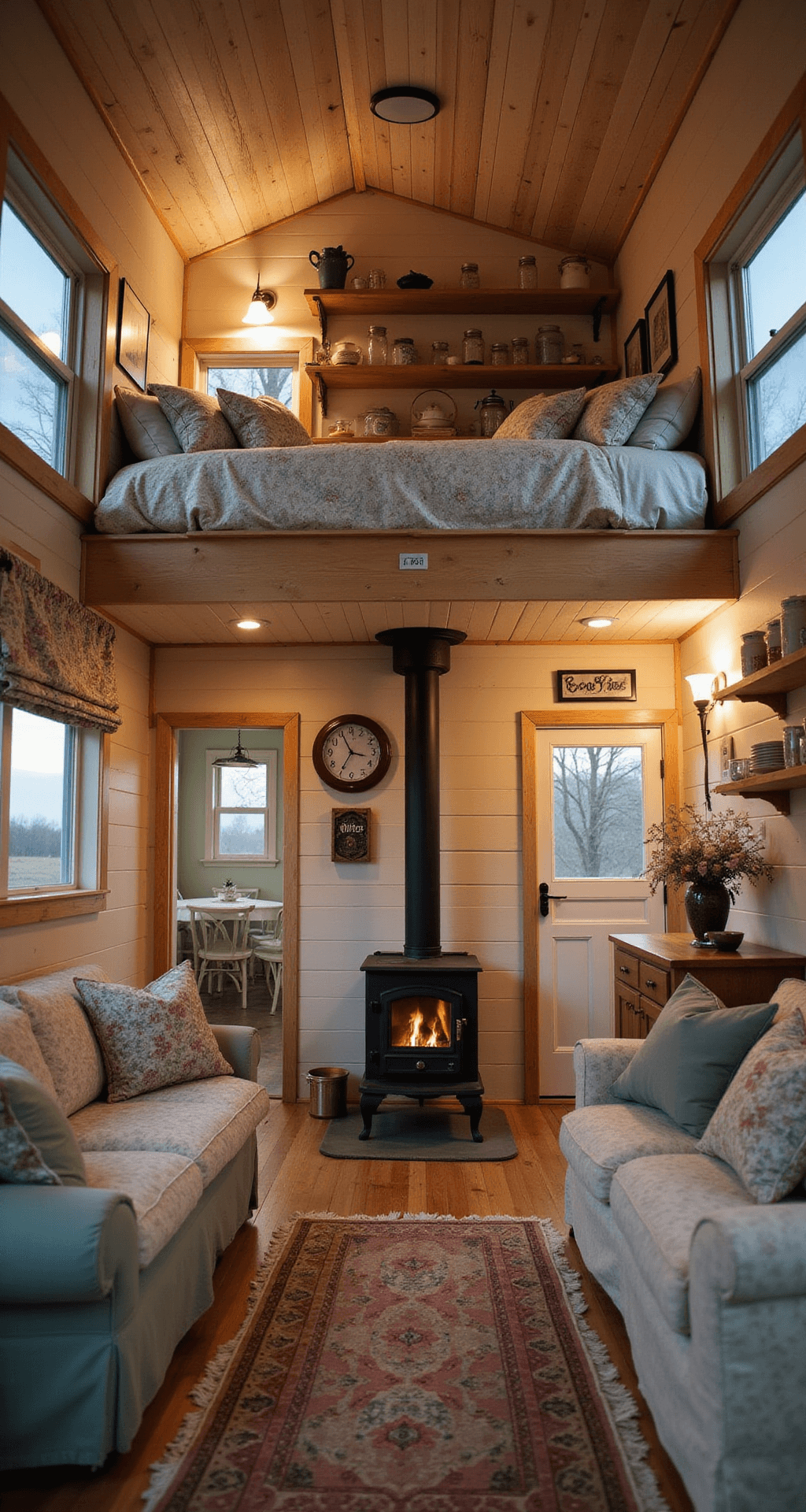 A cozy 250 sq ft cottage-core inspired tiny house with rustic wood-paneled walls, a small cast iron wood stove, and vintage floral fabrics, illuminated by soft twilight glow. The main living area features open shelving with mason jars and ceramics, a loft bedroom accessed by a ladder, and a warm color palette of creams, sage, and dusty rose, creating a romantic, nostalgic atmosphere.