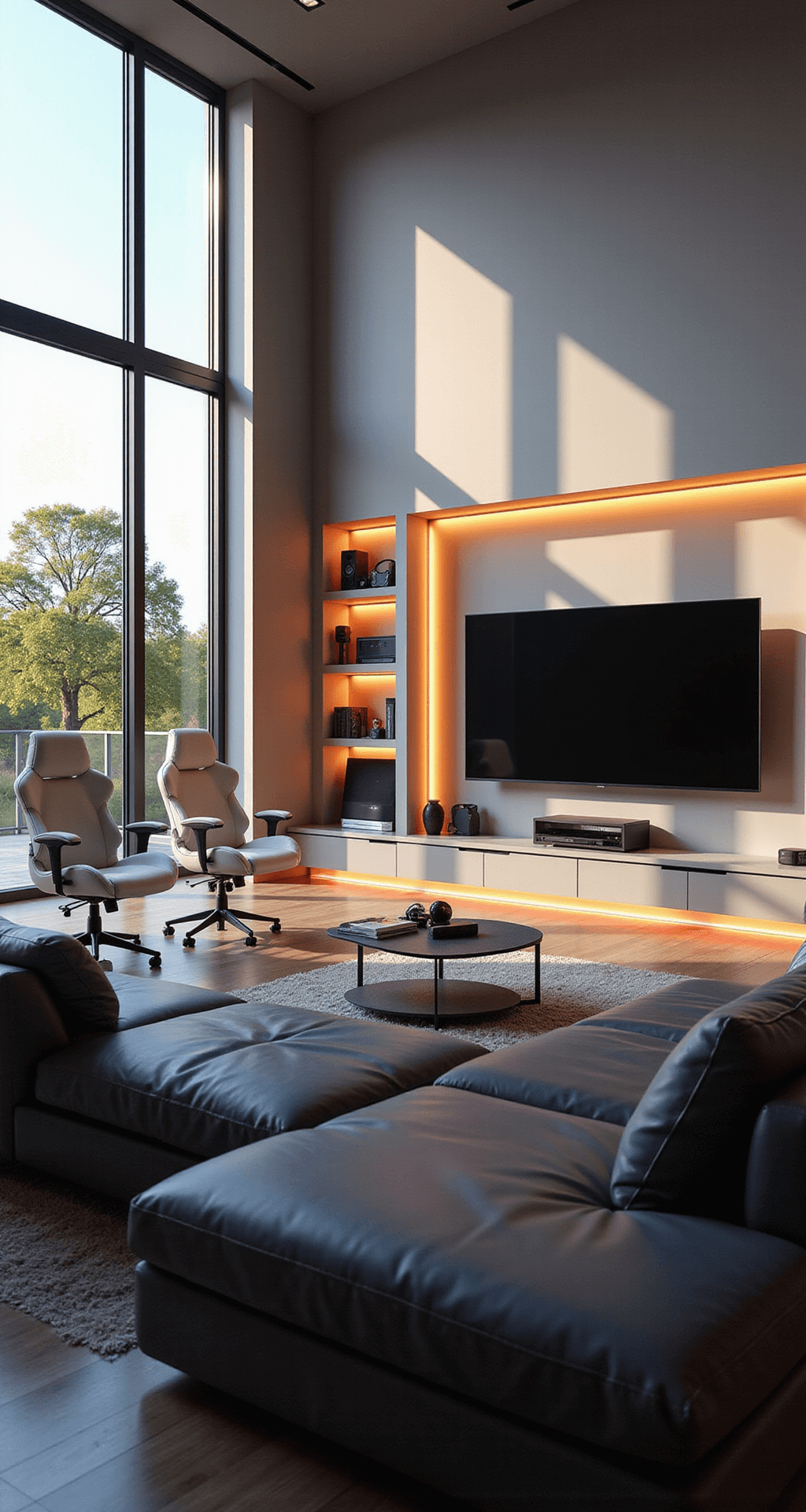 Level Up Your Living Room: The Ultimate Gaming Setup Guide A modern living room featuring a 65-inch OLED TV on a stylish wall, a charcoal gray L-shaped sofa, and white gaming chairs, illuminated by warm sunlight and RGB LED strips.