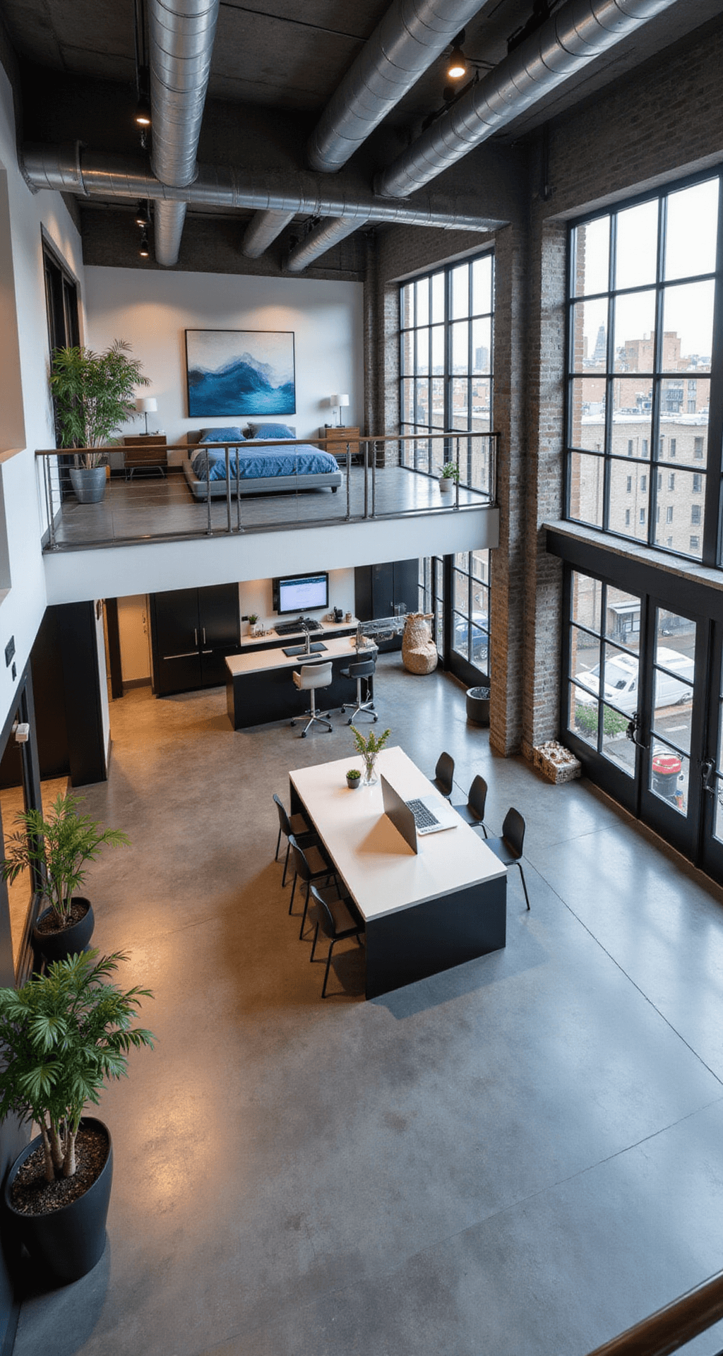 A modern Bloxburg loft featuring an open-concept layout with defined zones, including a sleeping area with a geometric room divider, a home office nook, and an entertaining space, all bathed in bright midday sun through floor-to-ceiling windows. The space has high ceilings with exposed ductwork, polished concrete floors, and a sleek kitchen with a waterfall island, complemented by a black, white, and gray color scheme with electric blue accents. The image is captured from an elevated position, showcasing high-contrast lighting that highlights the clean lines and industrial chic design.